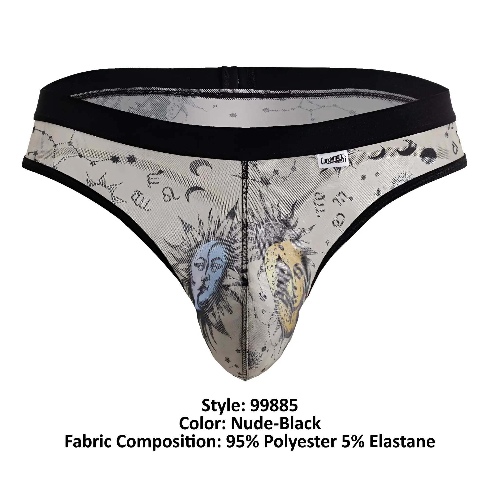 CandyMan 99885 sun moon thong in nude black sheer mesh fabric with celestial sun moon faces stars and zodiac designs