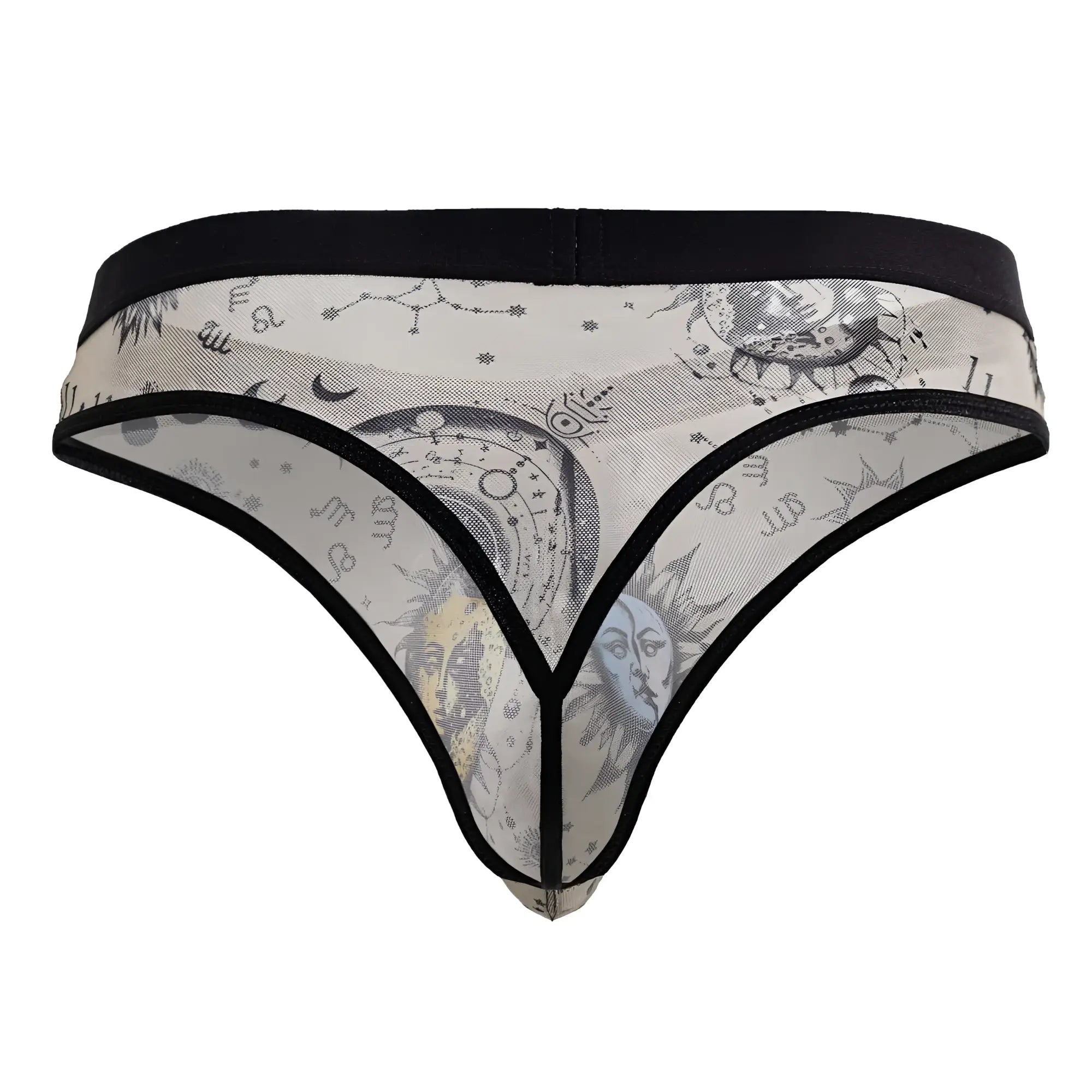 CandyMan 99885 nude-black sheer thong with black trim featuring celestial sun moon faces zodiac symbols design