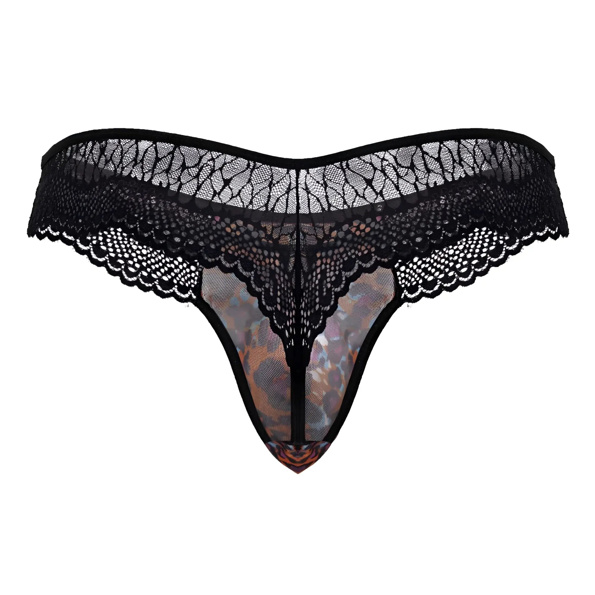 Black lace CandyMan 99887 leopard thong with sheer iridescent floral inner panel and animal print design