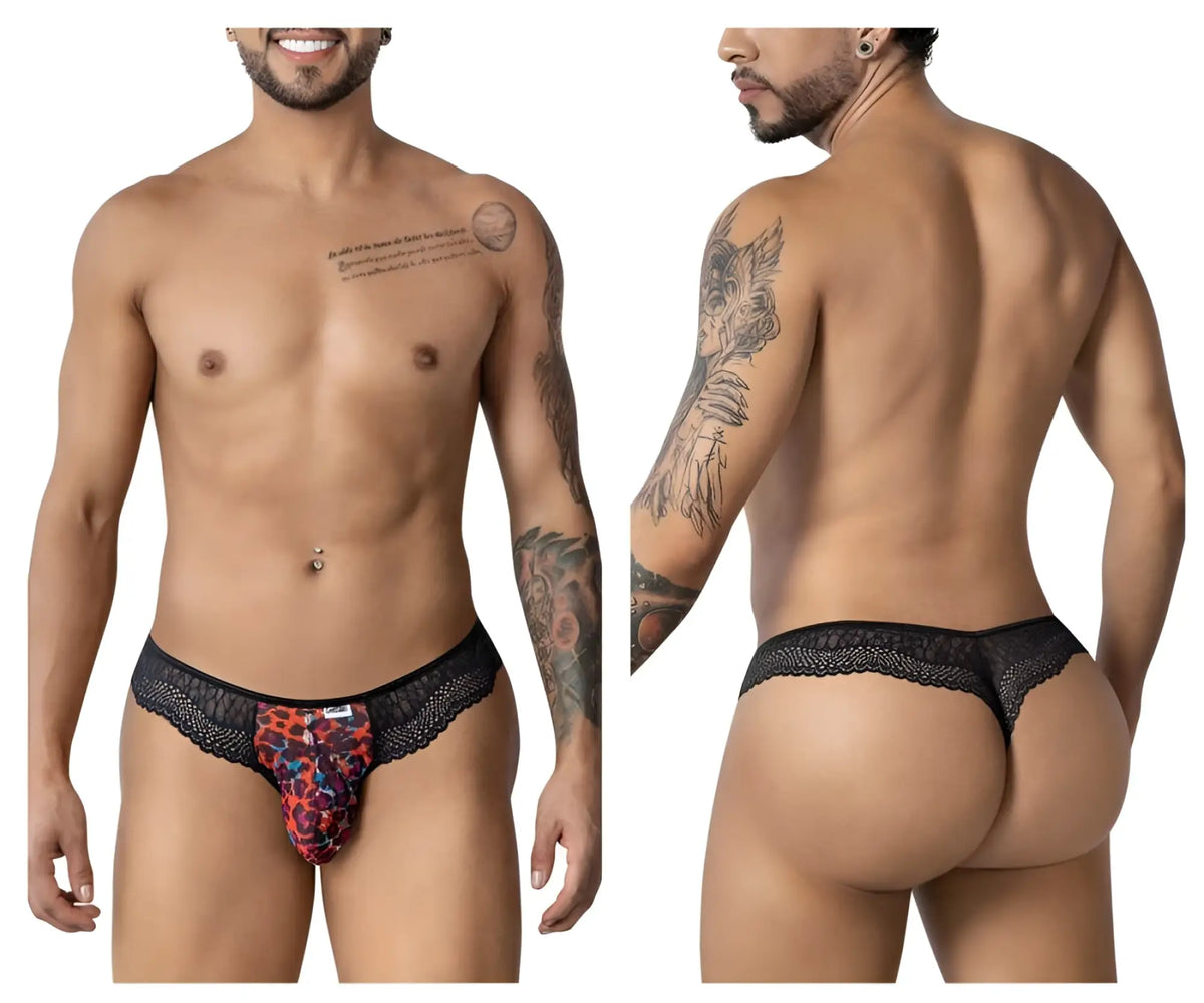 CandyMan 99887 leopard thongs featuring black lace trim and a vibrant red orange black leopard print front panel