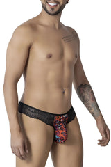 Black lace-trimmed men’s briefs with vibrant red orange and blue leopard print pouch candy man 99887 leopard thongs