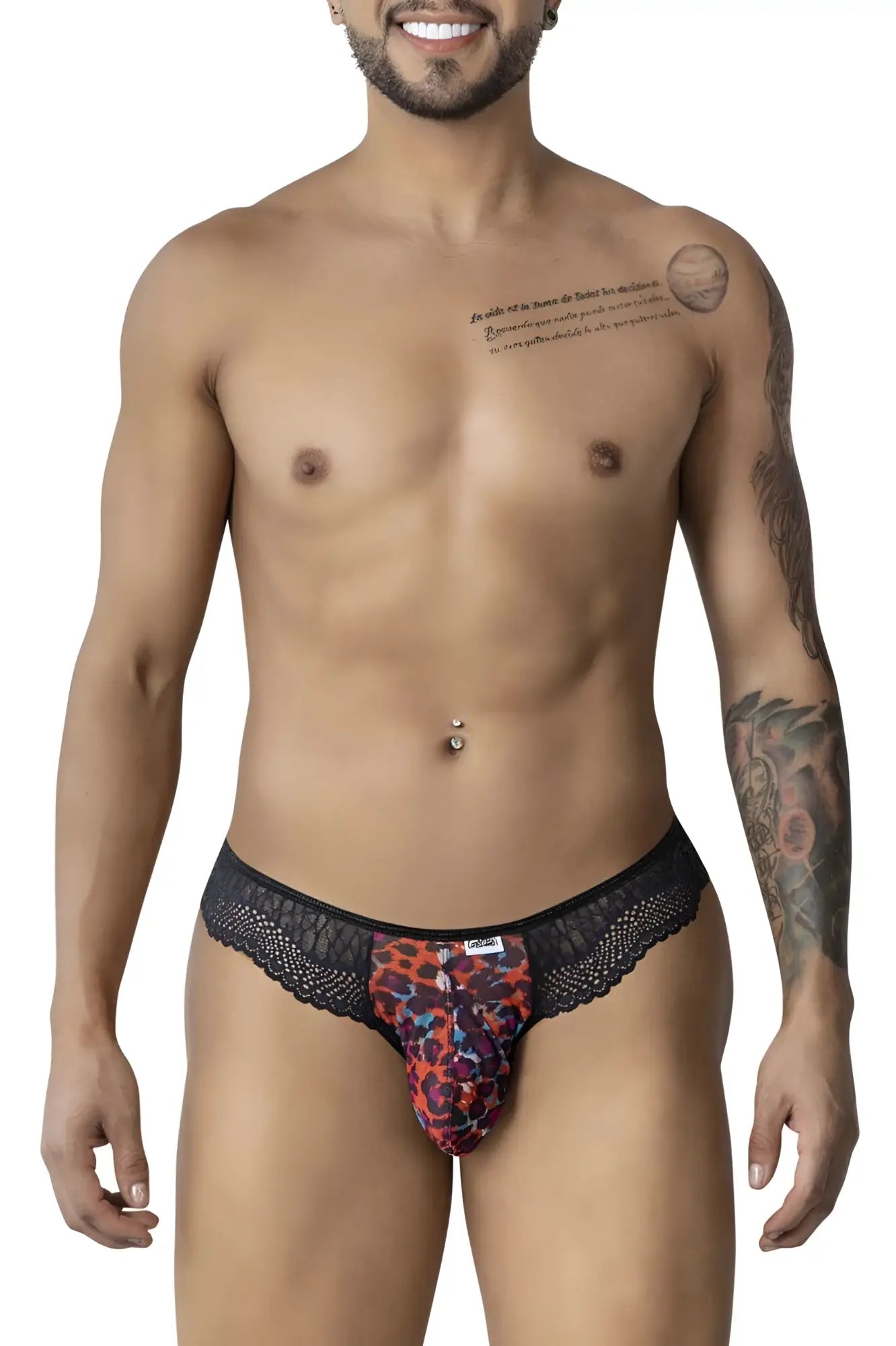 Black lace-trimmed CandyMan 99887 leopard print men’s briefs in vibrant red orange and purple animal print pattern
