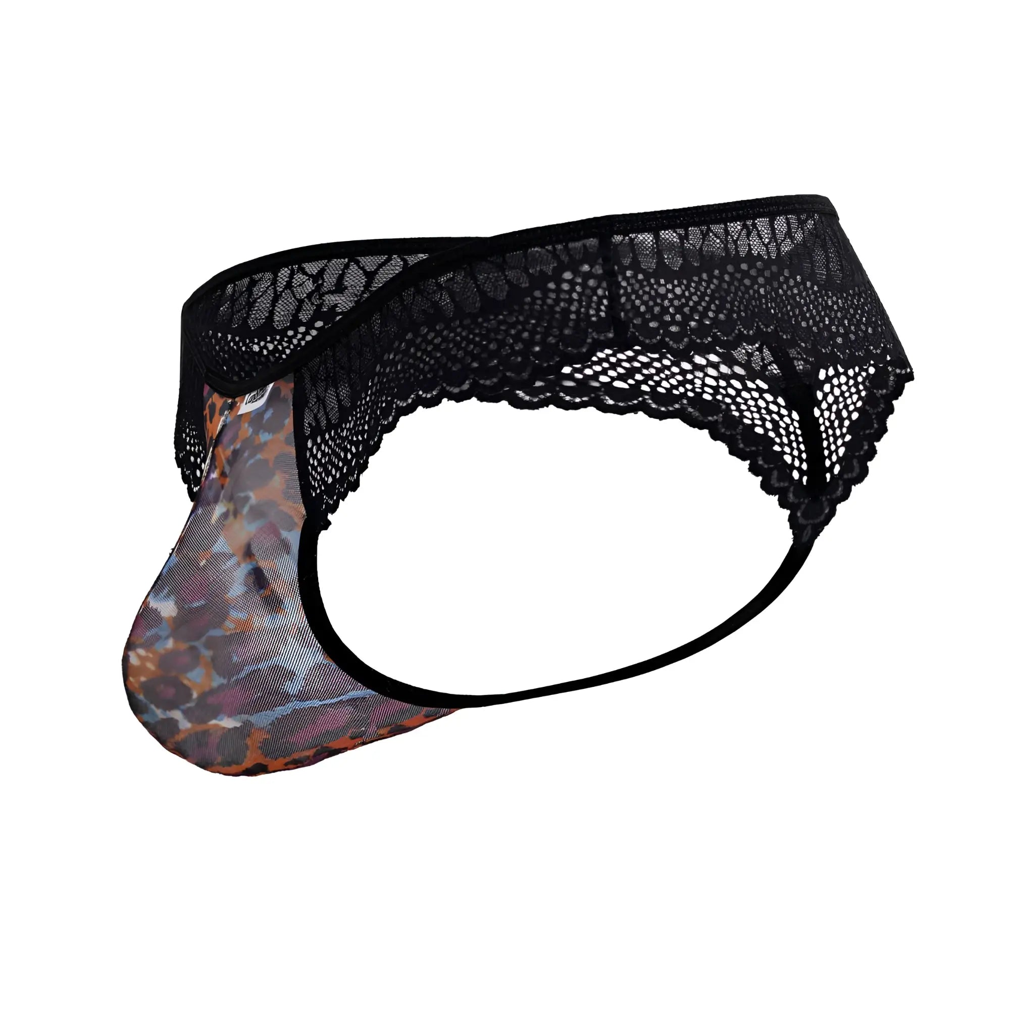 CandyMan 99887 men’s thong with black lace trim and leopard print mesh front panel in animal print colors