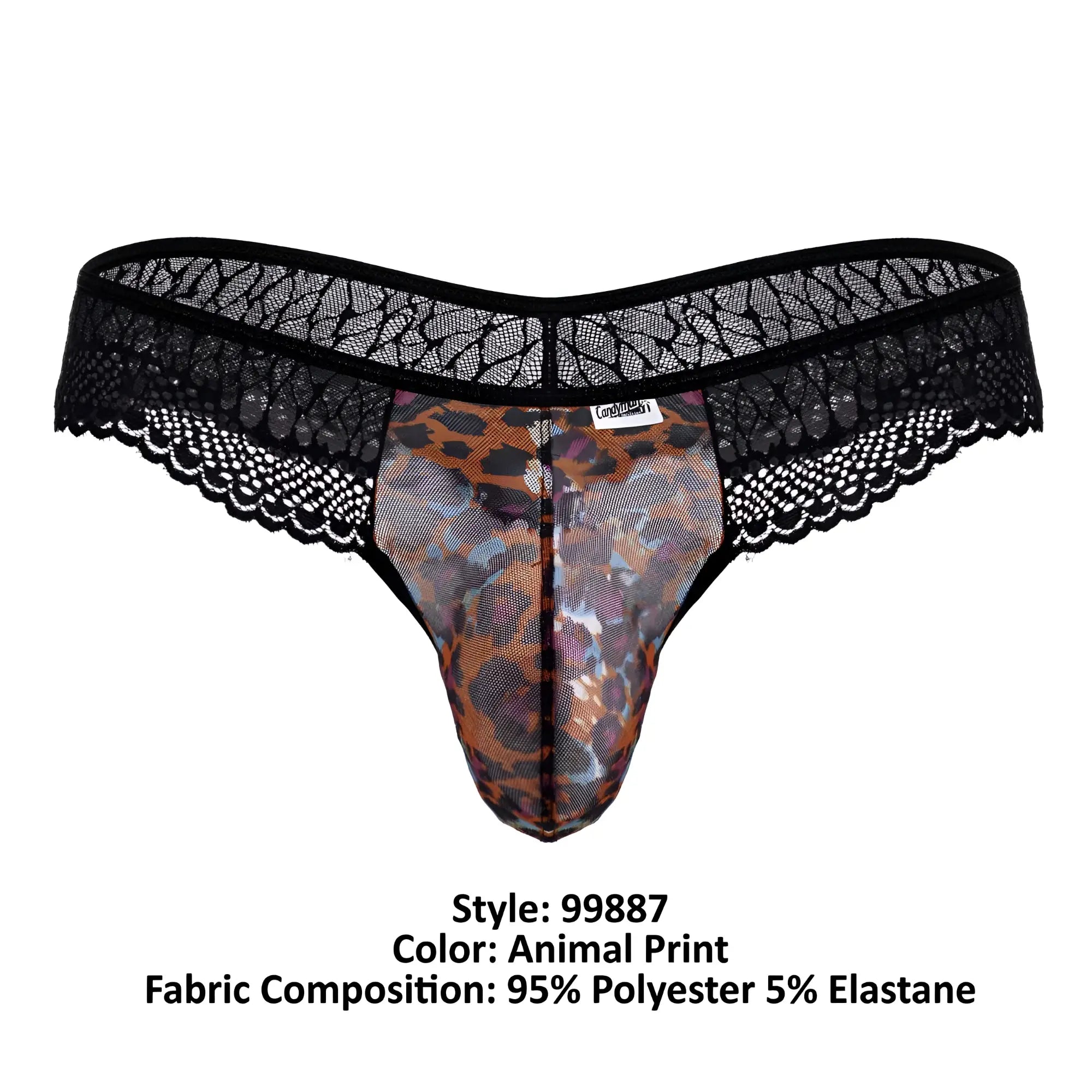 Black lace-trimmed thong with leopard print center panel made of 95% polyester 5% elastane from Candyman 99887
