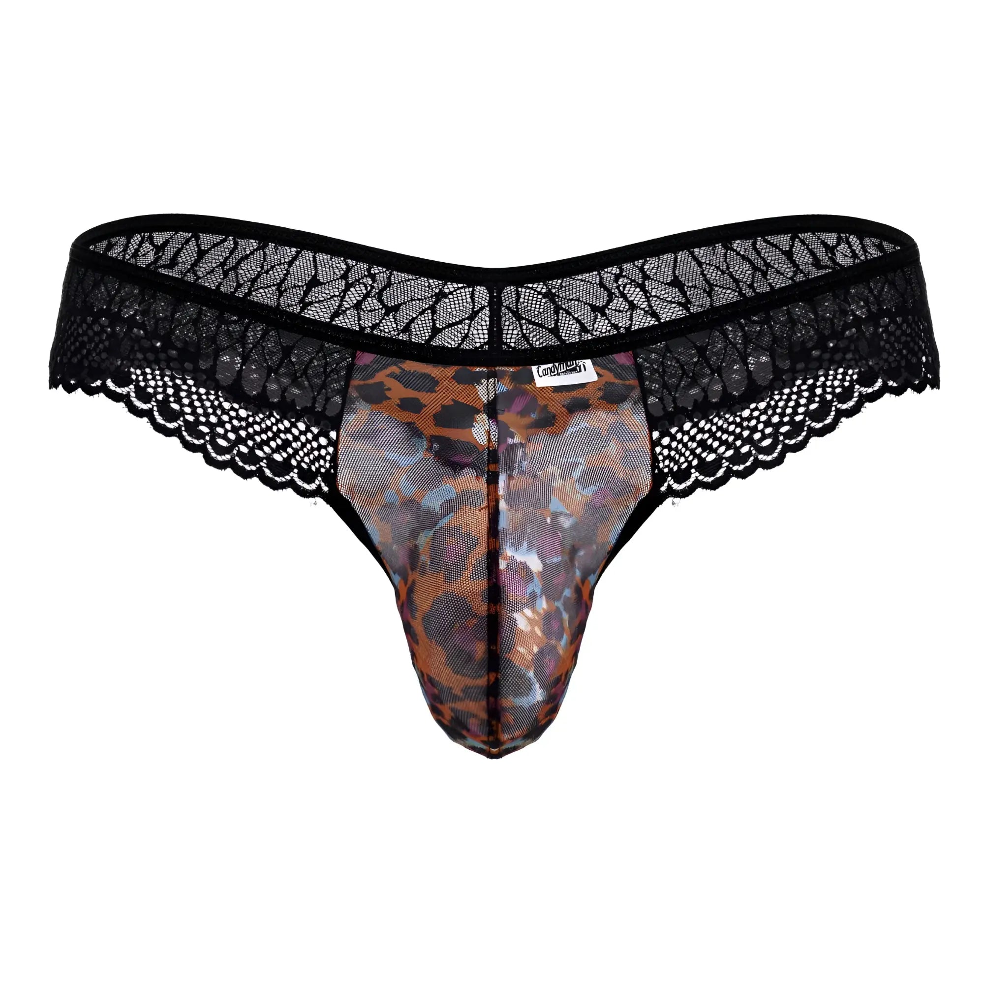 CandyMan 99887 leopard thong with black lace trim and sheer leopard print mesh front in animal print color