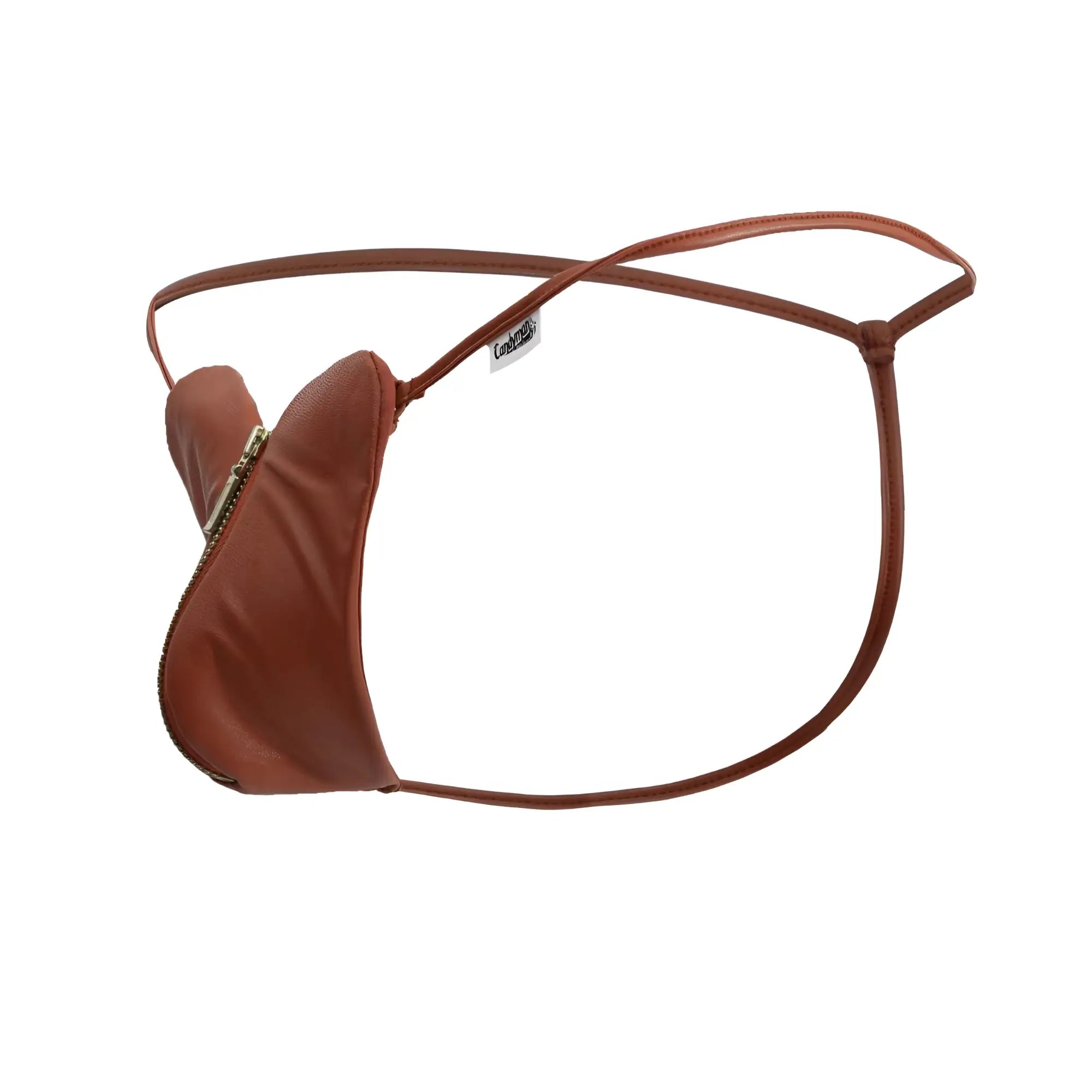 Brown leather candyMan 99892 heart thong in red with zipper closure and thin straps for stylish wear