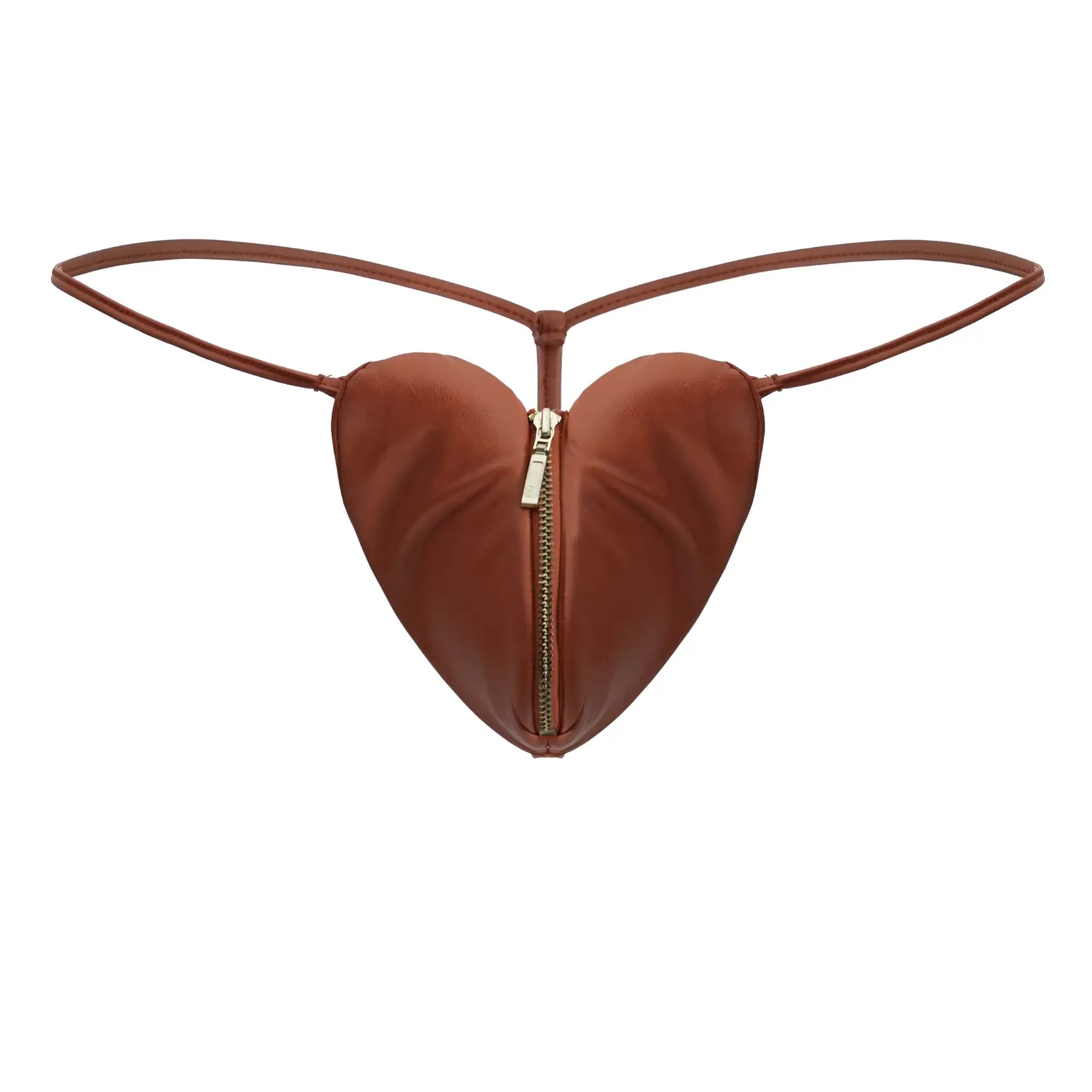 CandyMan 99892 heart thongs in red featuring a brown heart-shaped pouch with a central zipper and thin straps