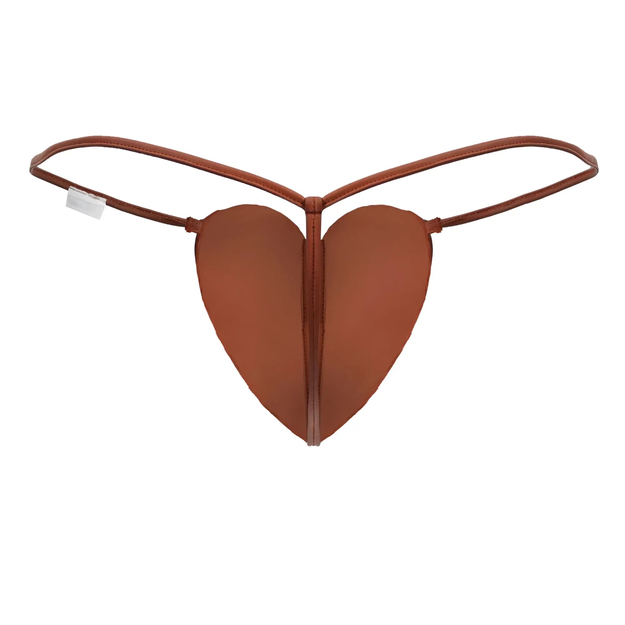 Brown heart-shaped thong candyMan 99892 made of smooth leather-like material with thin straps in red color