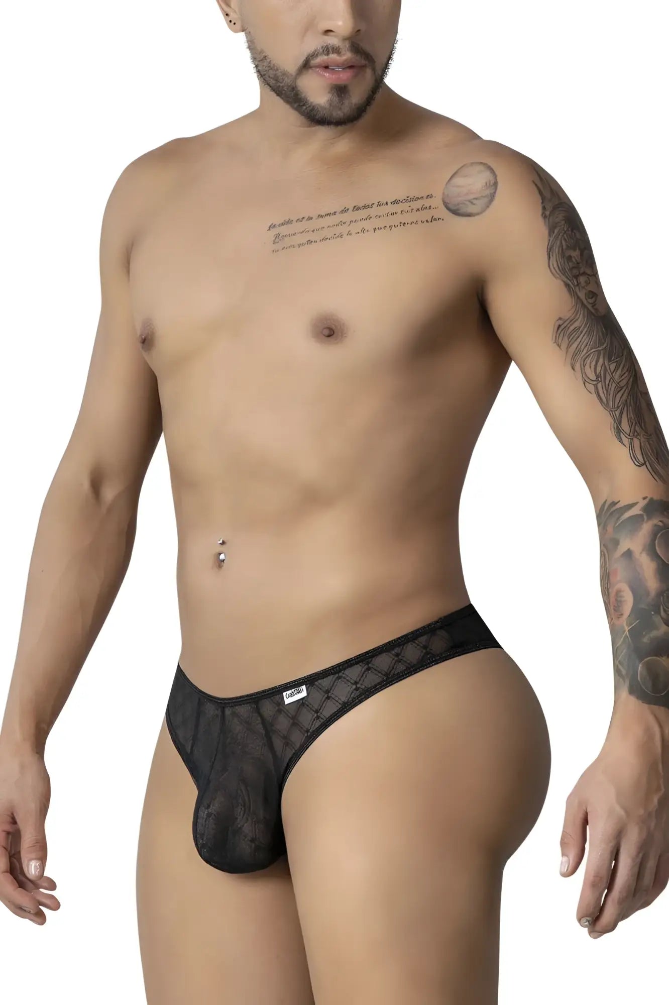 Black lace mens briefs candyMan 99894 with subtle geometric mesh pattern and small brand tag on waistband in black