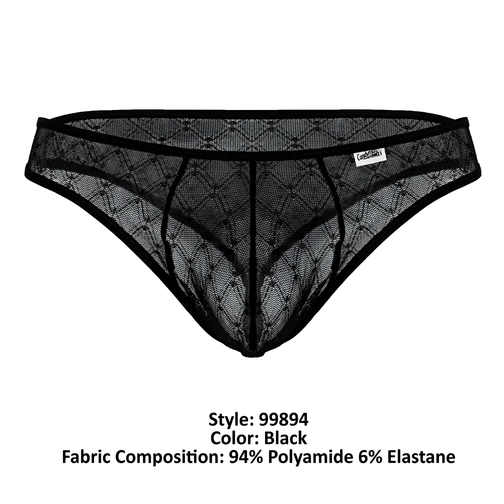 Black lace thong candyMan 99894 with diamond-patterned mesh and reinforced elastic waistband in black, back side view