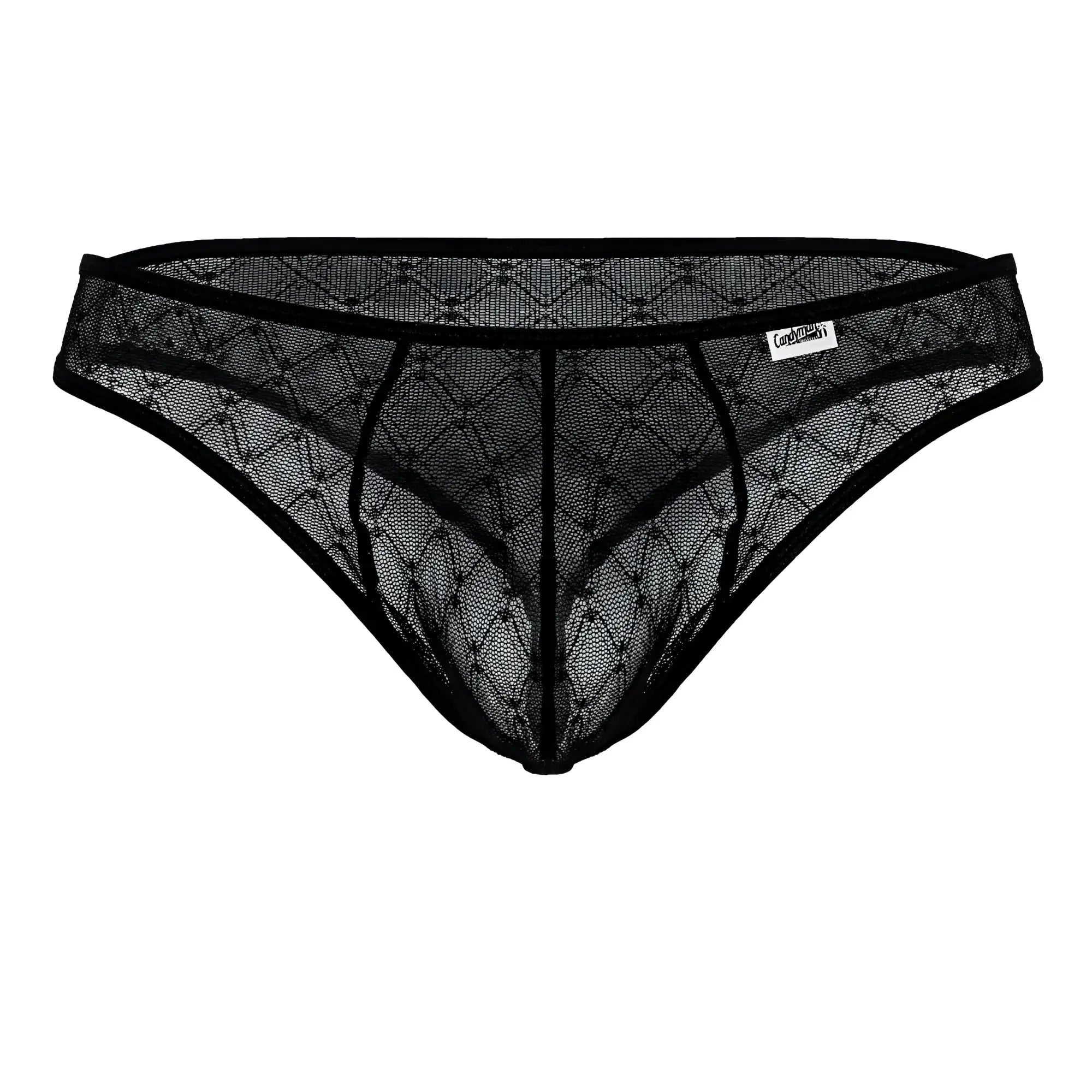 Black lace thong candyMan 99894 with diamond-patterned mesh and reinforced elastic waistband front view