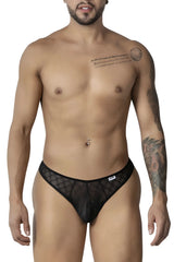 Black lace thong with subtle geometric mesh pattern and small white candyman brand tag on waistband