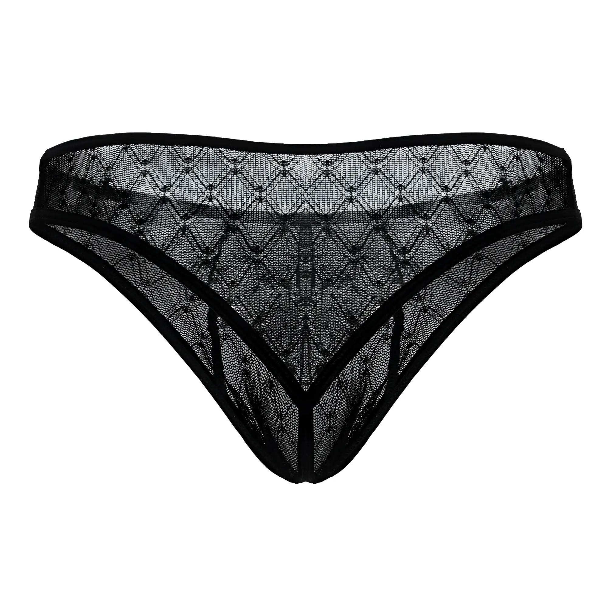 Black sheer lace thong with diamond-patterned mesh and solid black trim from candyman 99894 geometric mesh briefs