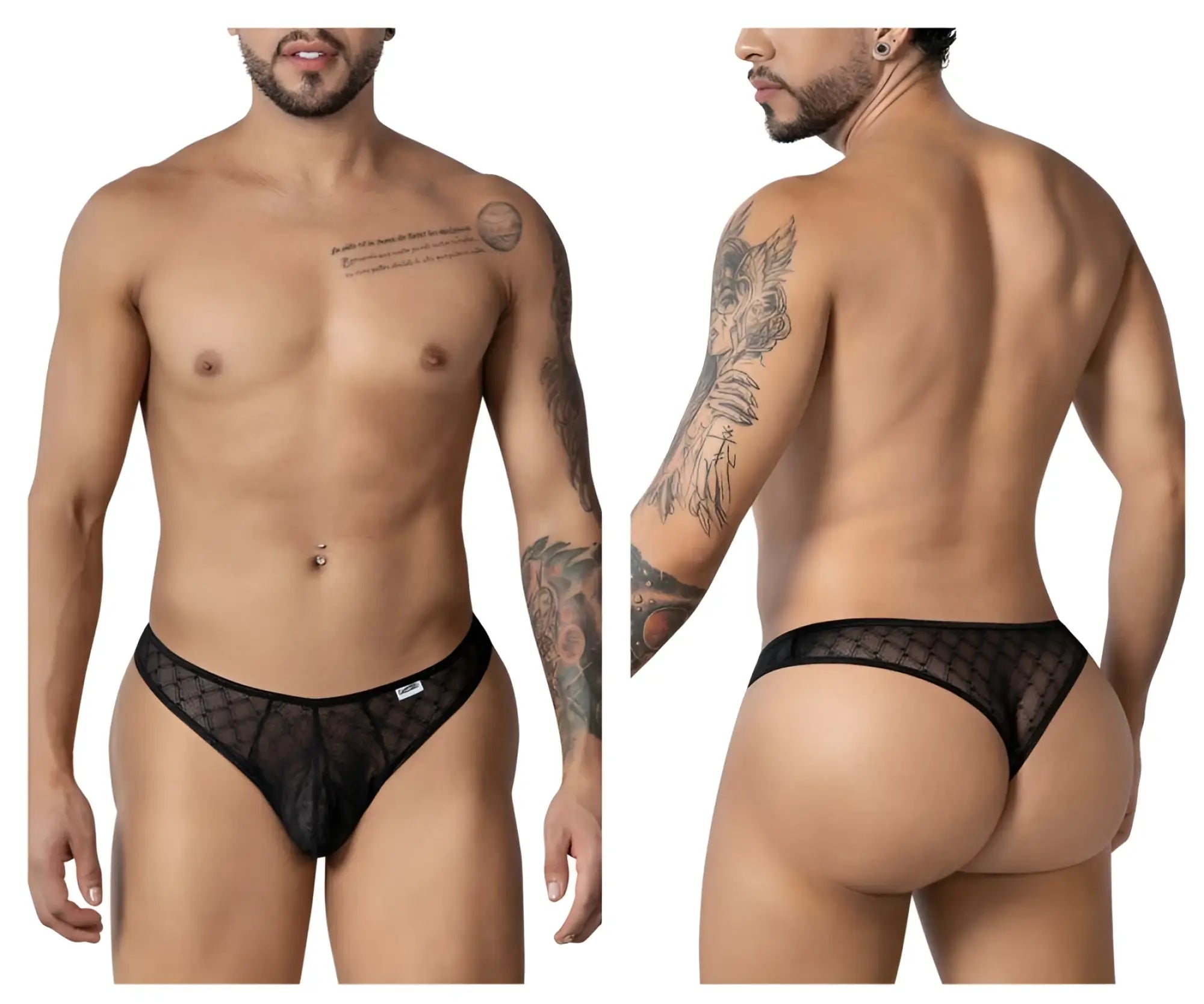 CandyMan 99894 black sheer mesh briefs with subtle geometric pattern and solid black waistband front view
