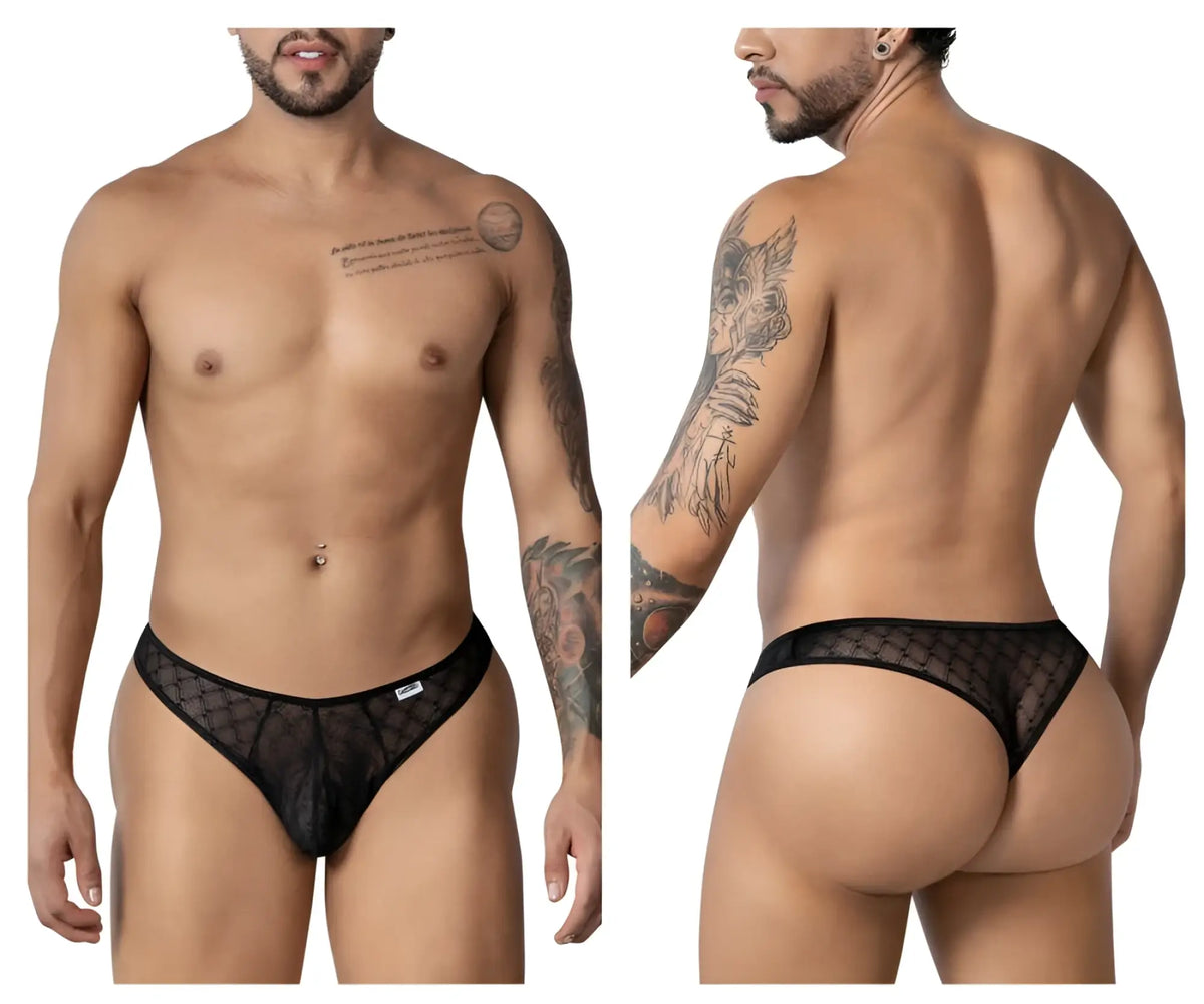 CandyMan 99894 black sheer mesh briefs with subtle geometric pattern and solid black waistband front view