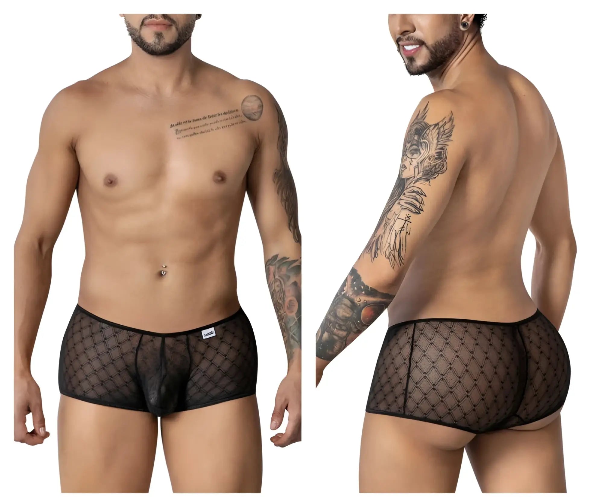 CandyMan 99896 geometric mesh trunks in black feature diamond-patterned black mesh briefs with reinforced waistband
