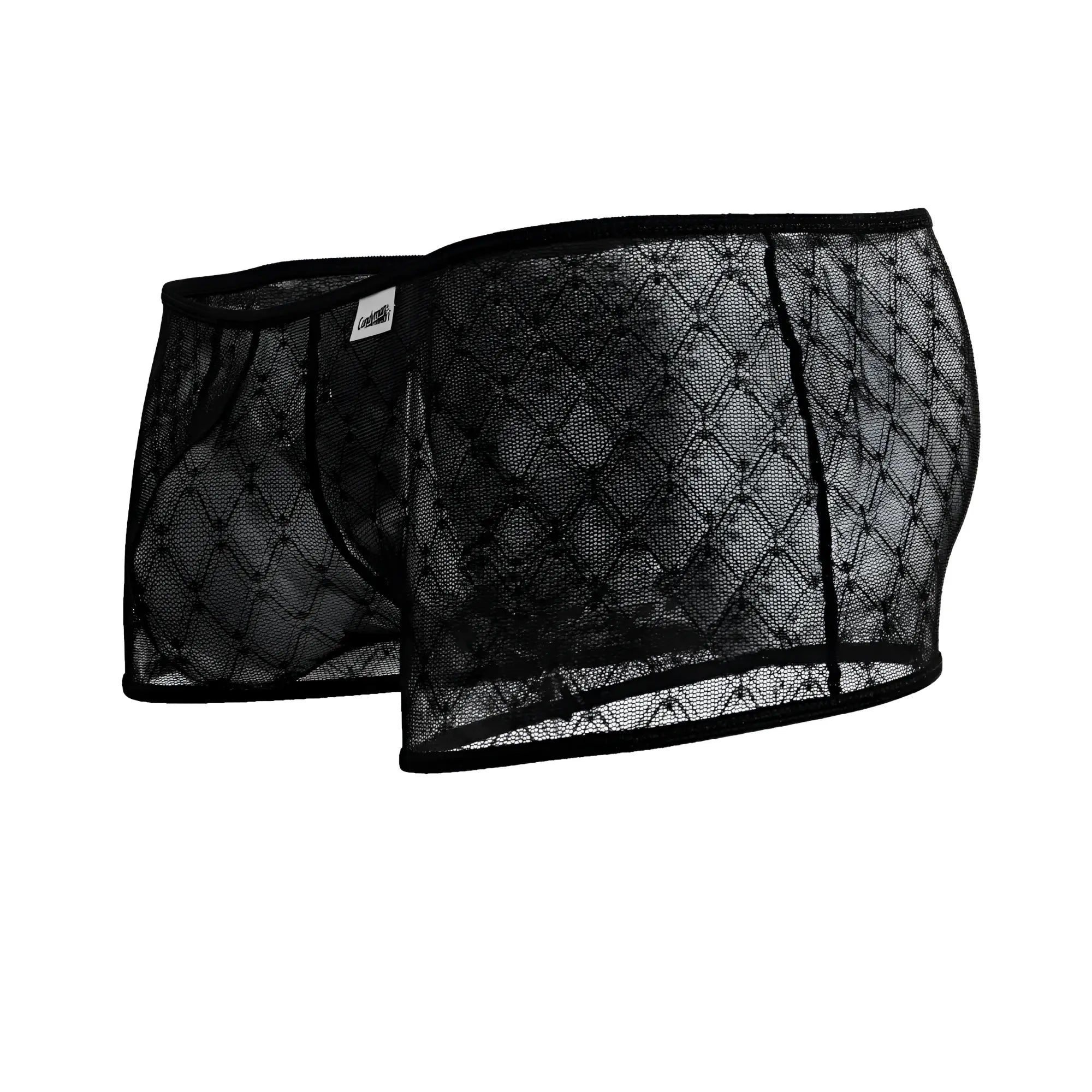 Black lace-trimmed mesh briefs with a geometric diamond pattern from candyman 99896 in black color