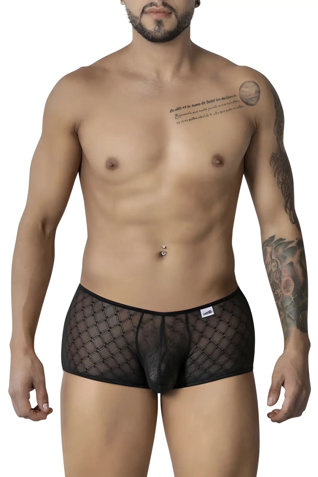 Black candyMan 99896 geometric mesh trunks with diamond pattern sheer briefs and elastic waistband