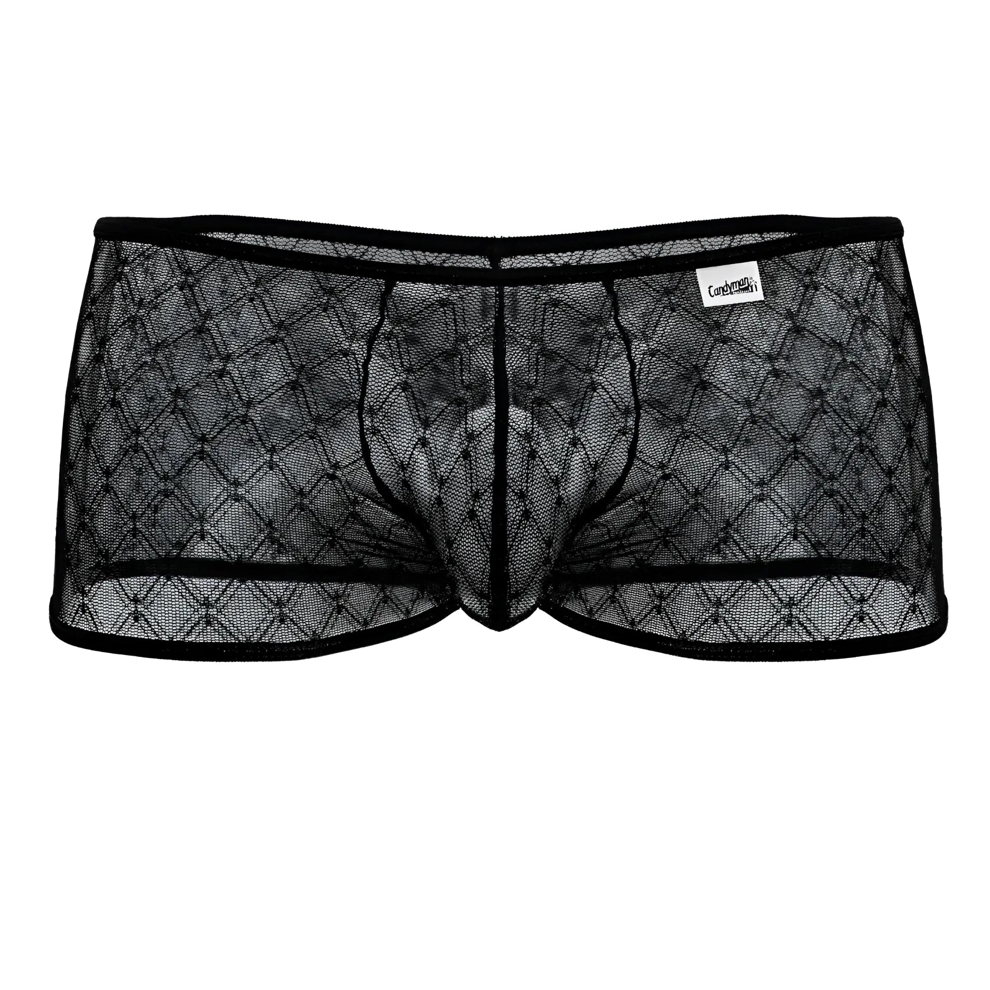 Black CandyMan 99896 geometric mesh trunks with diamond-patterned sheer briefs and reinforced elastic waistband