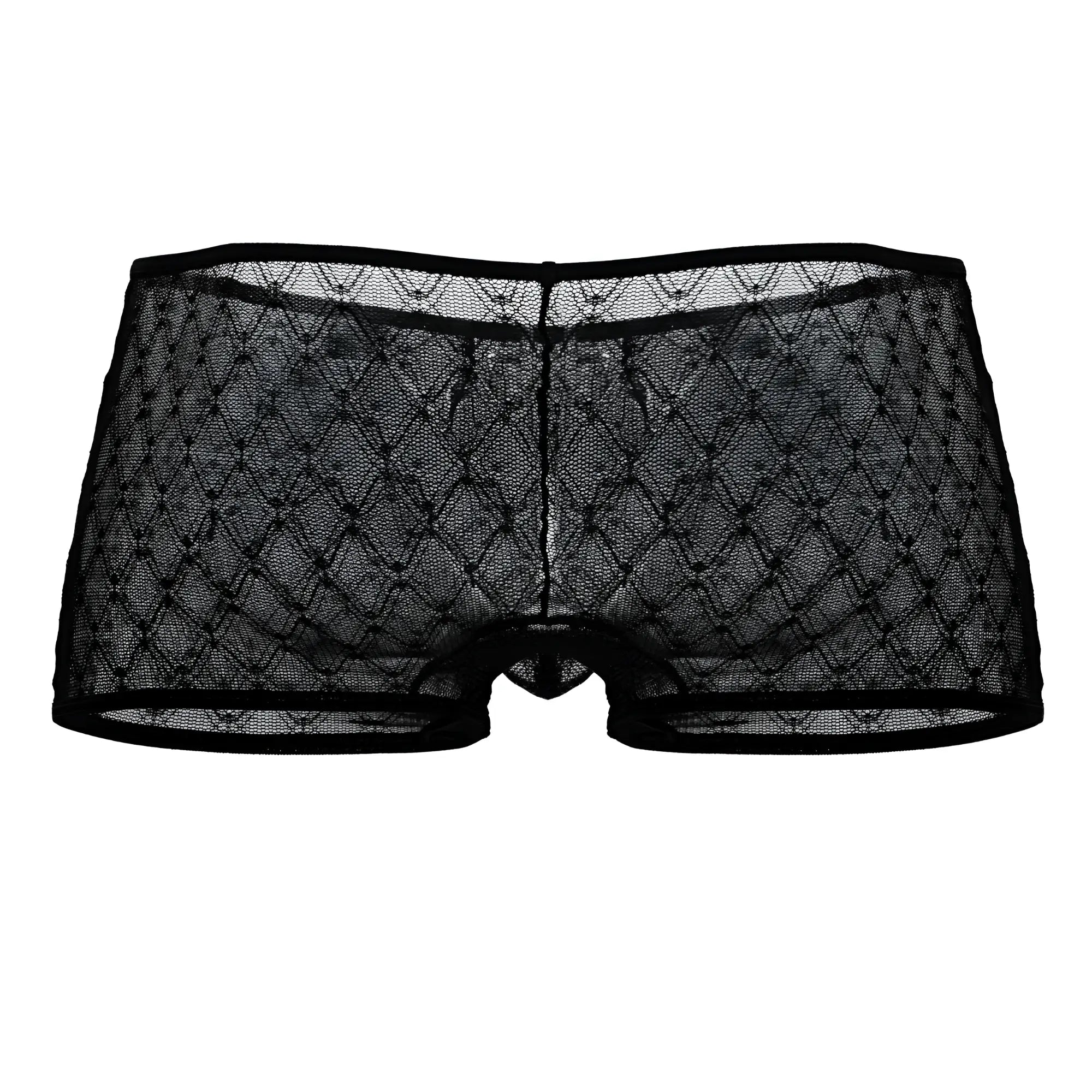 CandyMan 99896 geometric mesh trunks in black sheer lace with diamond pattern and reinforced waistband for men