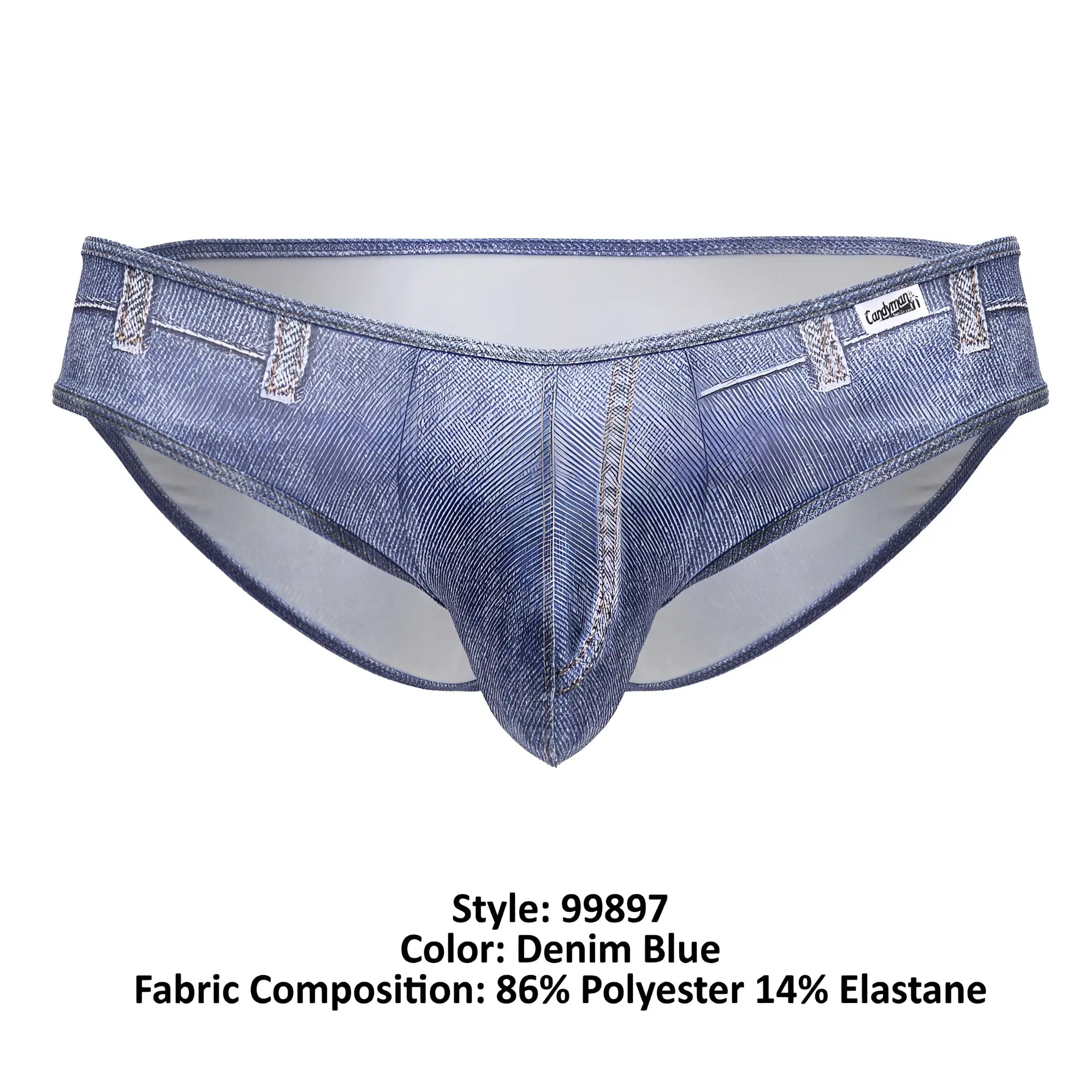 Denim blue mens briefs with faux denim texture and stitched pocket details candyMan 99897 cowboy briefs
