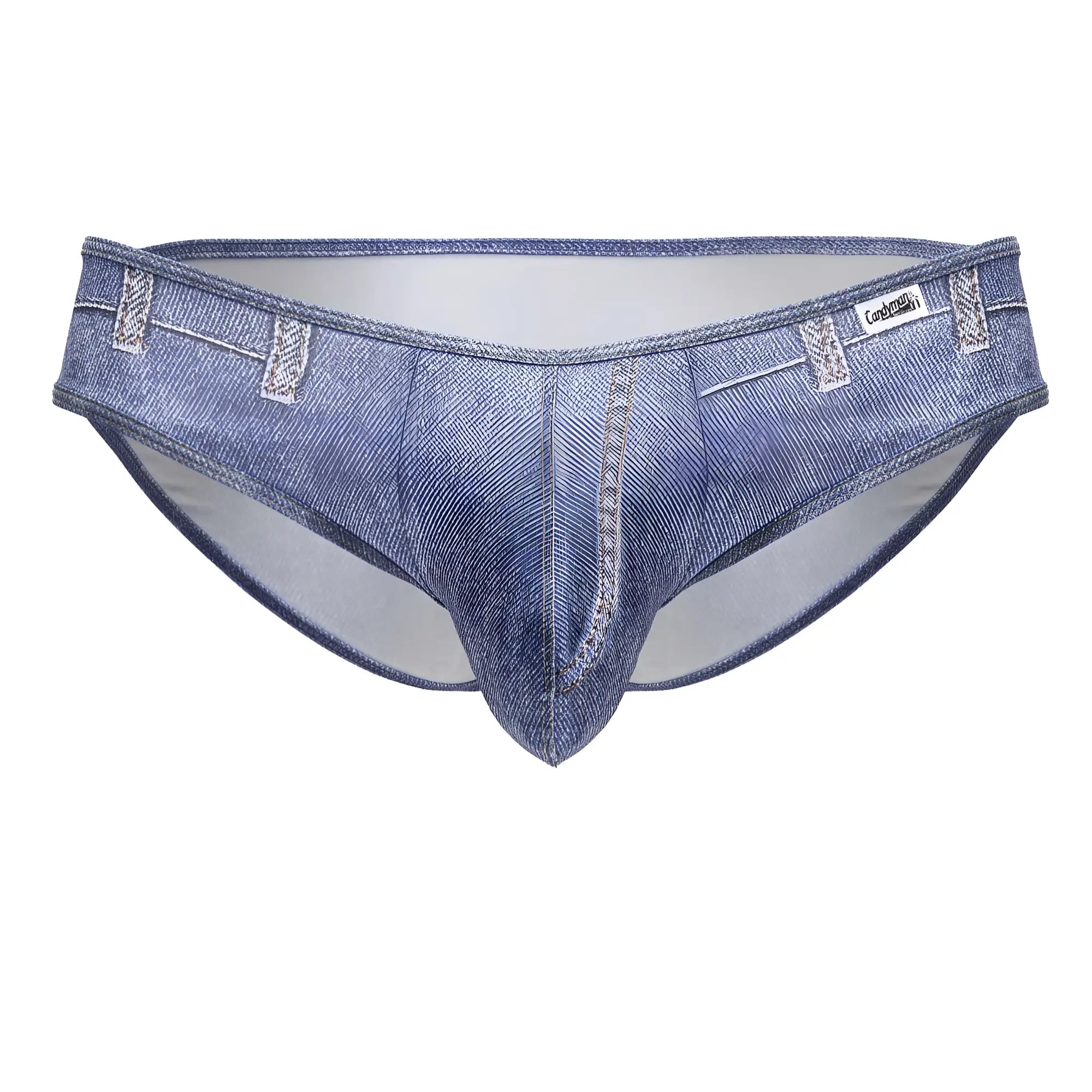 CandyMan 99897 cowboy briefs in denim blue with blue denim pattern stitched belt loops and white interior lining