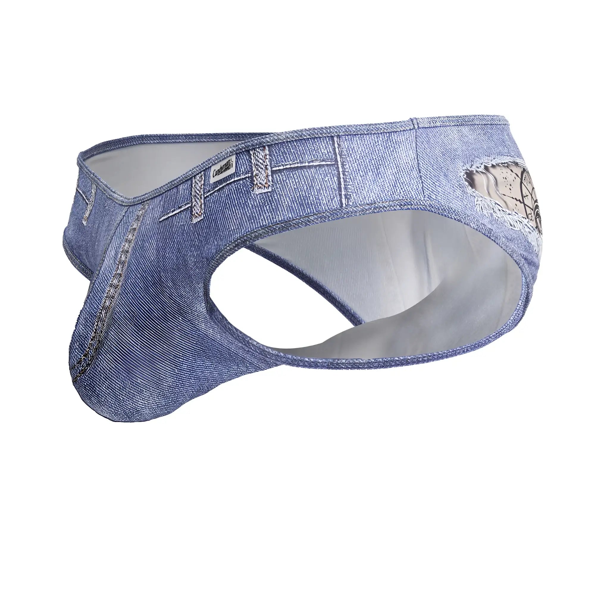 Blue denim style candy man 99897 cowboy briefs for men with distressed patch and lace trim