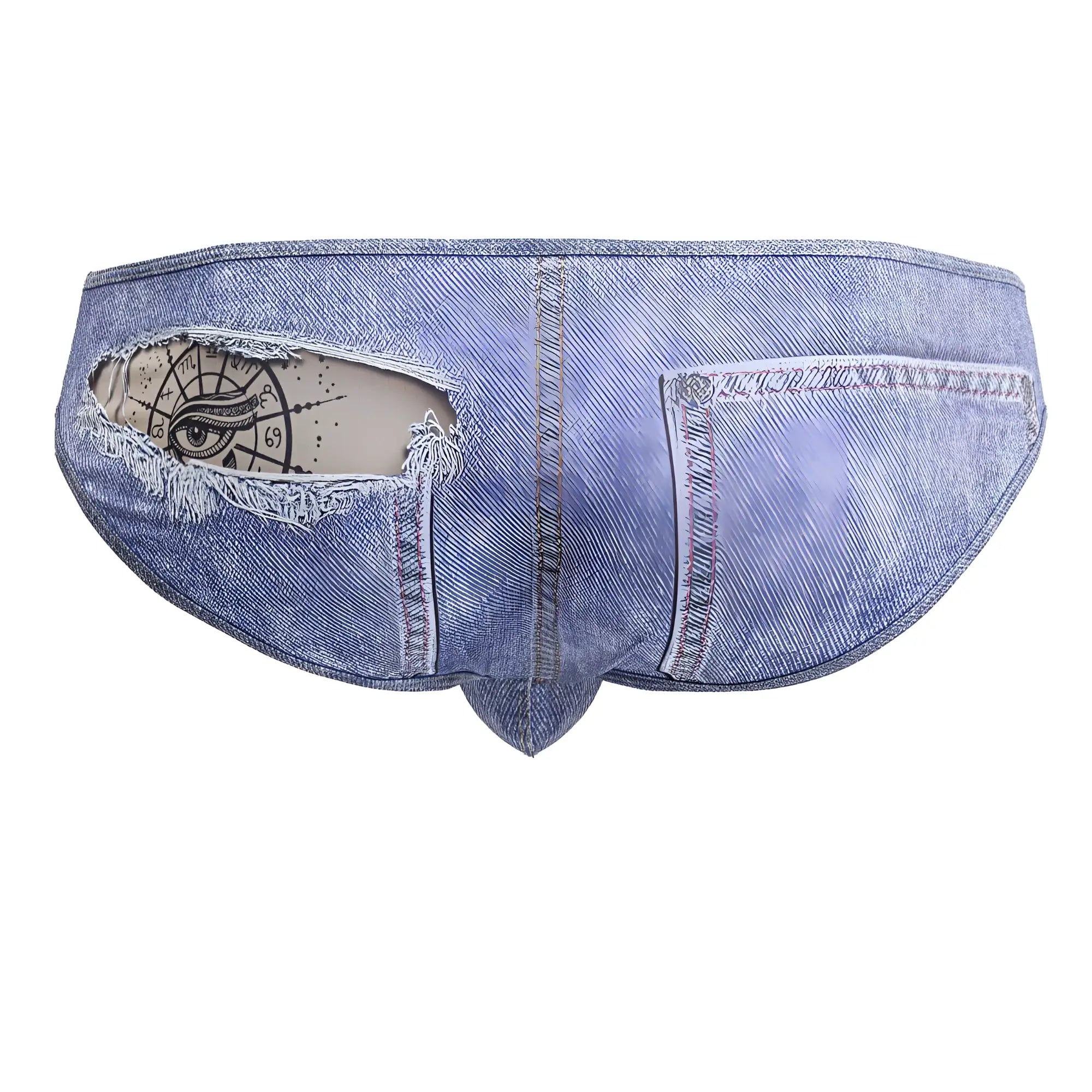 CandyMan 99897 cowboy briefs in denim blue with distressed ripped patch showing eye and clock design on blue denim style