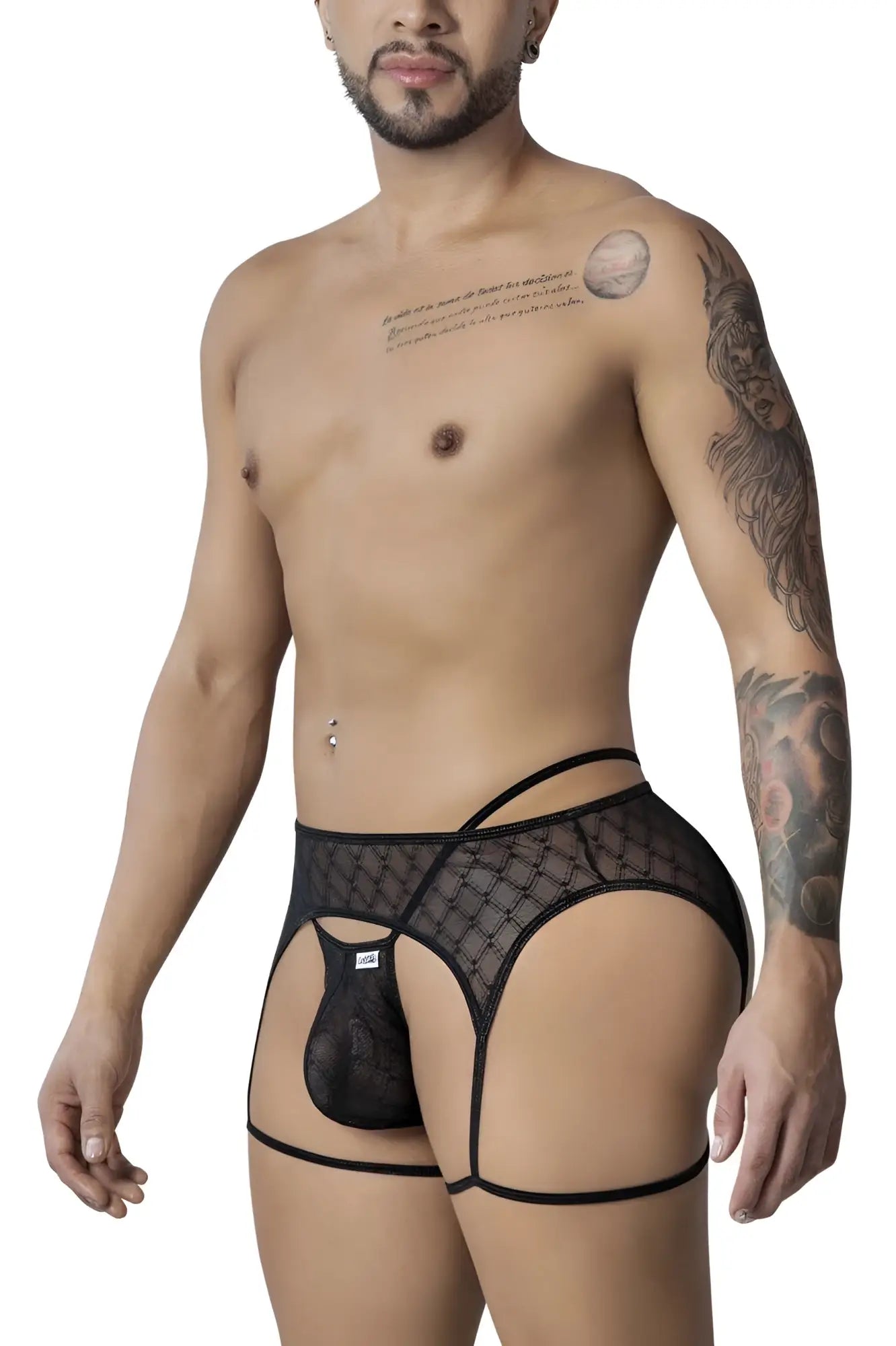 CandyMan 99898 black mesh briefs with diamond-patterned design and thin supportive straps front view