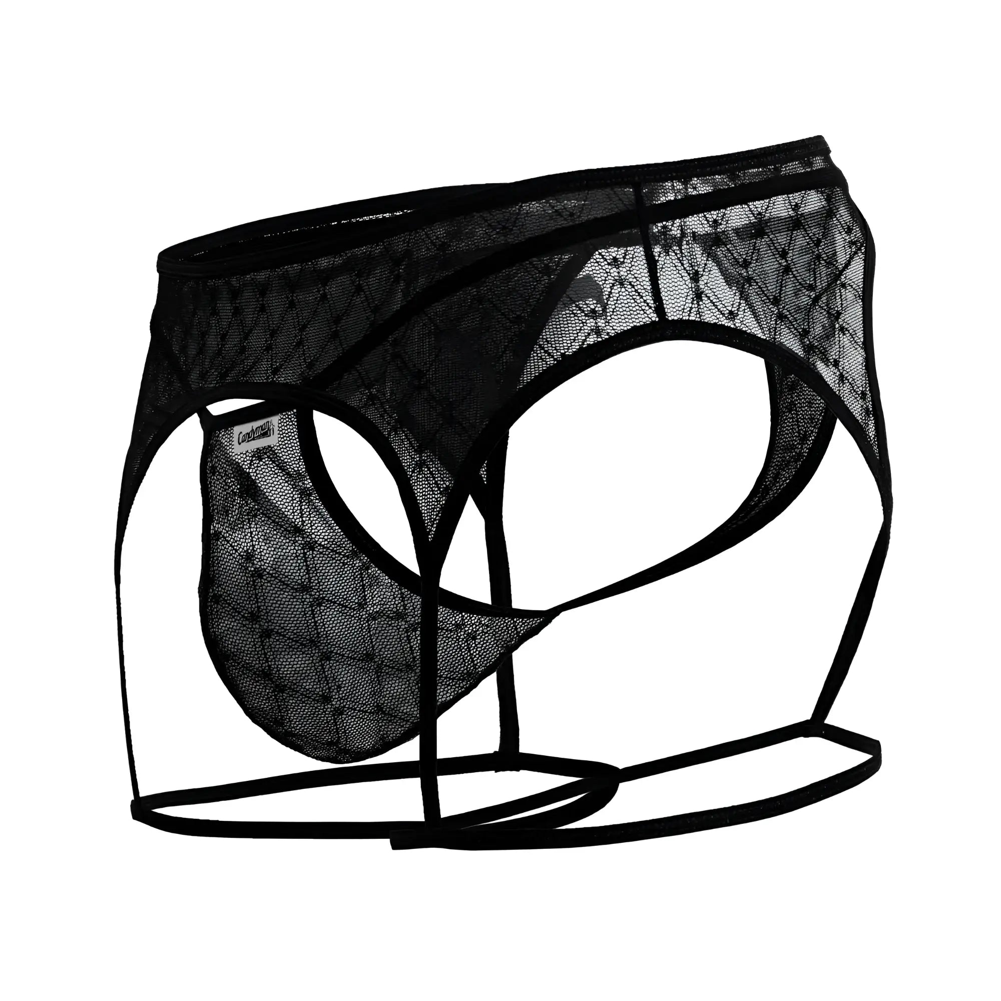 Black candyMan 99898 geometric mesh thong briefs with diamond pattern and thin elastic straps in black