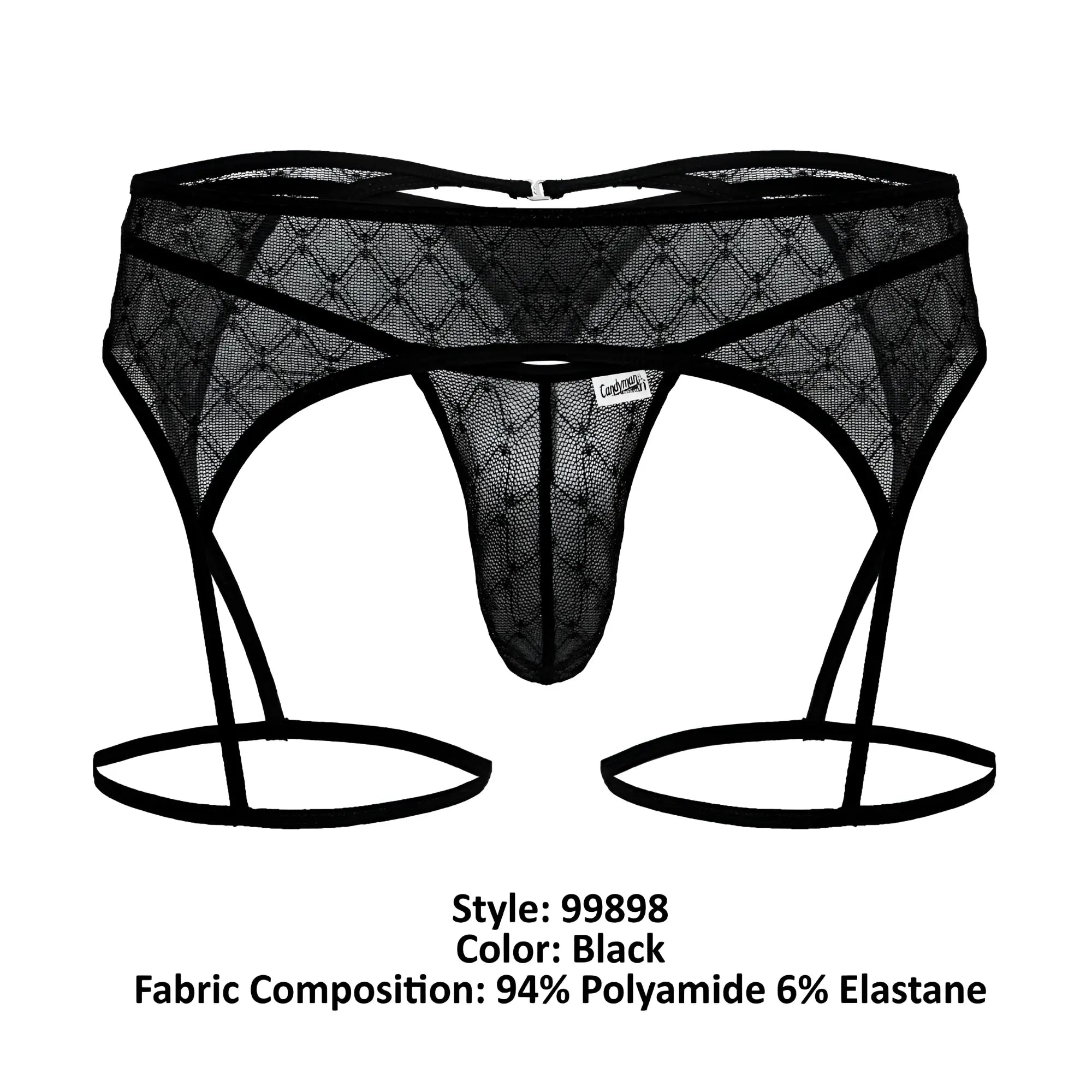 Black lace garter belt with diamond pattern and elastic straps from candyman 99898 geometric mesh thongs in black
