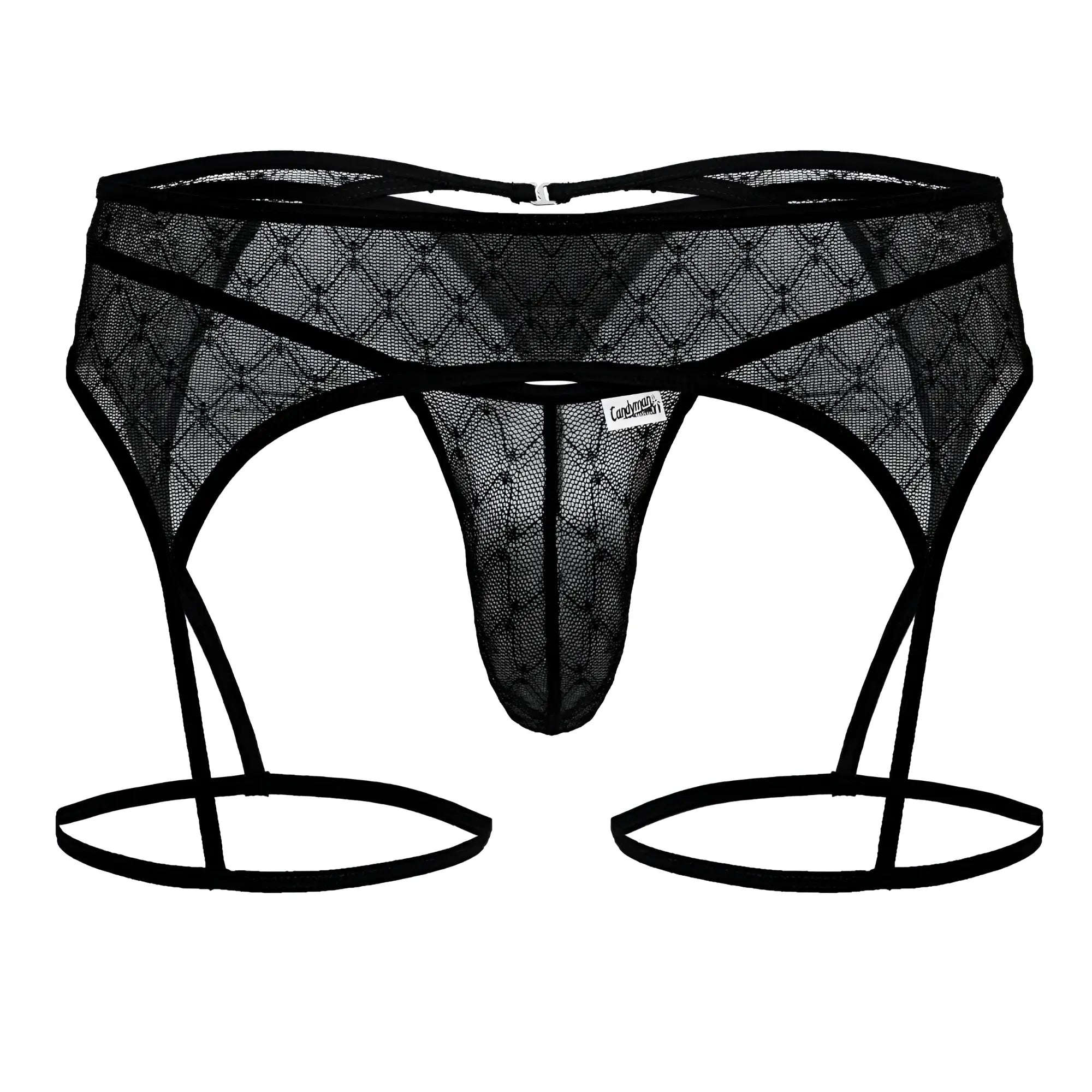 Black lace thong with adjustable garter straps and diamond-patterned mesh from candyman 99898 geometric mesh thongs