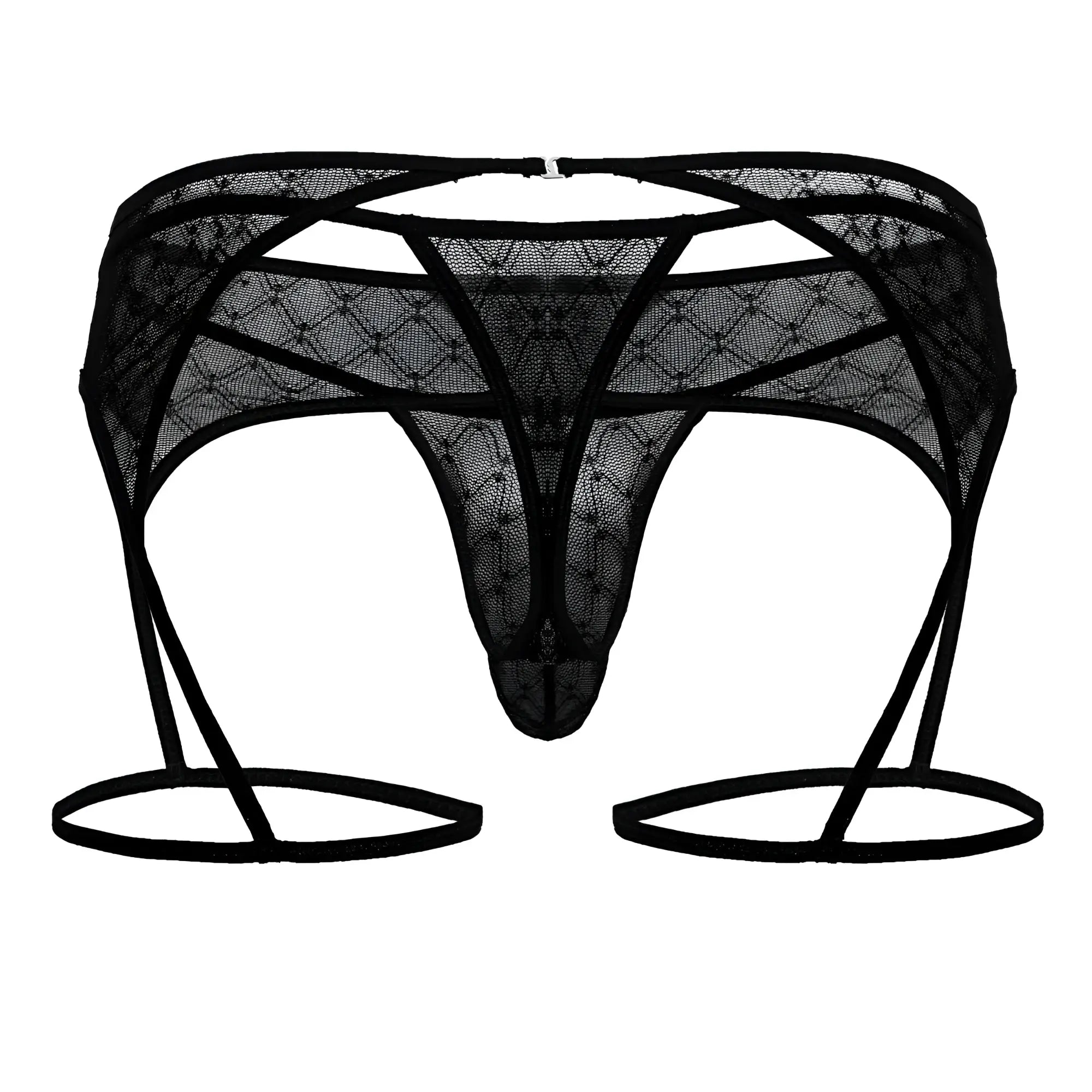 Black lace thong with garter straps and geometric diamond mesh design candyMan 99898 in black