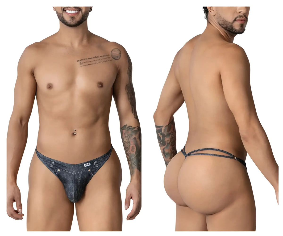 Blue denim thong with a small white brand tag on the front from candyman 99899 cowboy thongs color denim black