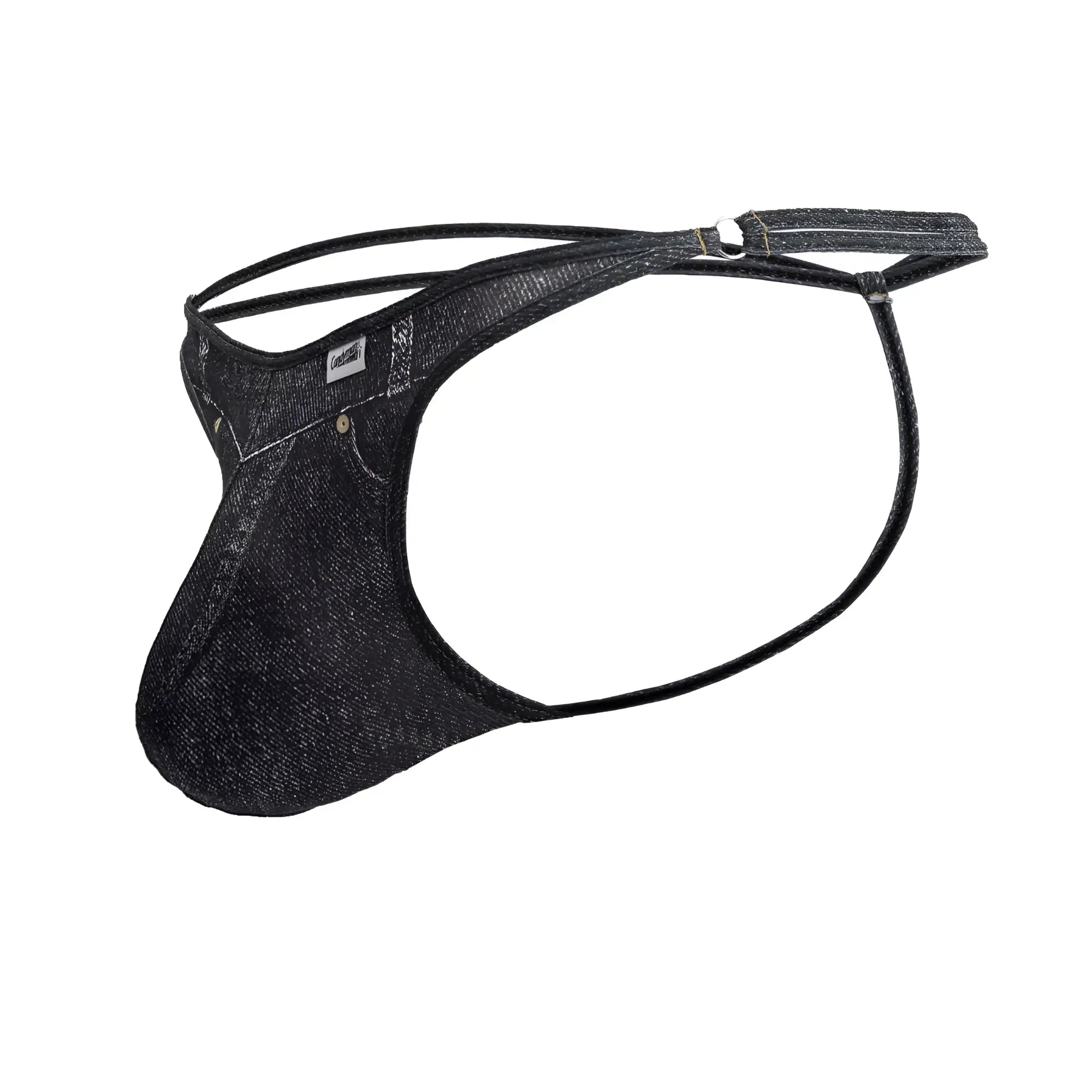 Black denim candyMan 99899 cowboy thong with a subtle textured weave and reinforced stitching