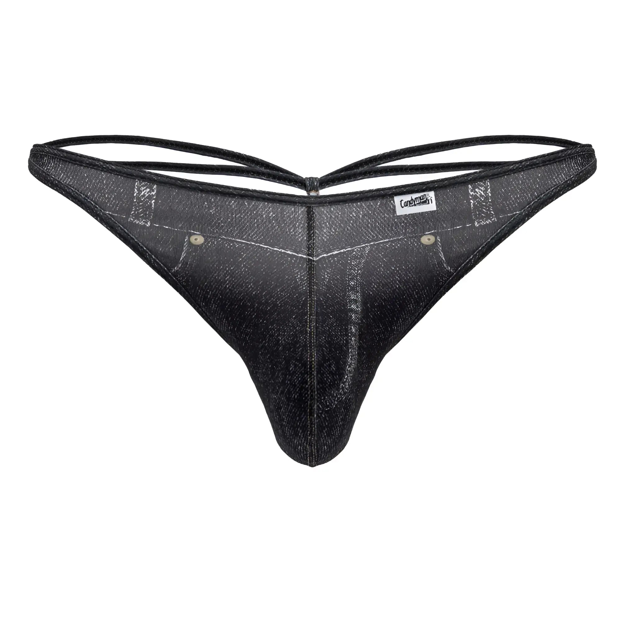 Black denim-style thong with subtle glittery sheen and reinforced stitching from candyman 99899 cowboy thongs collection
