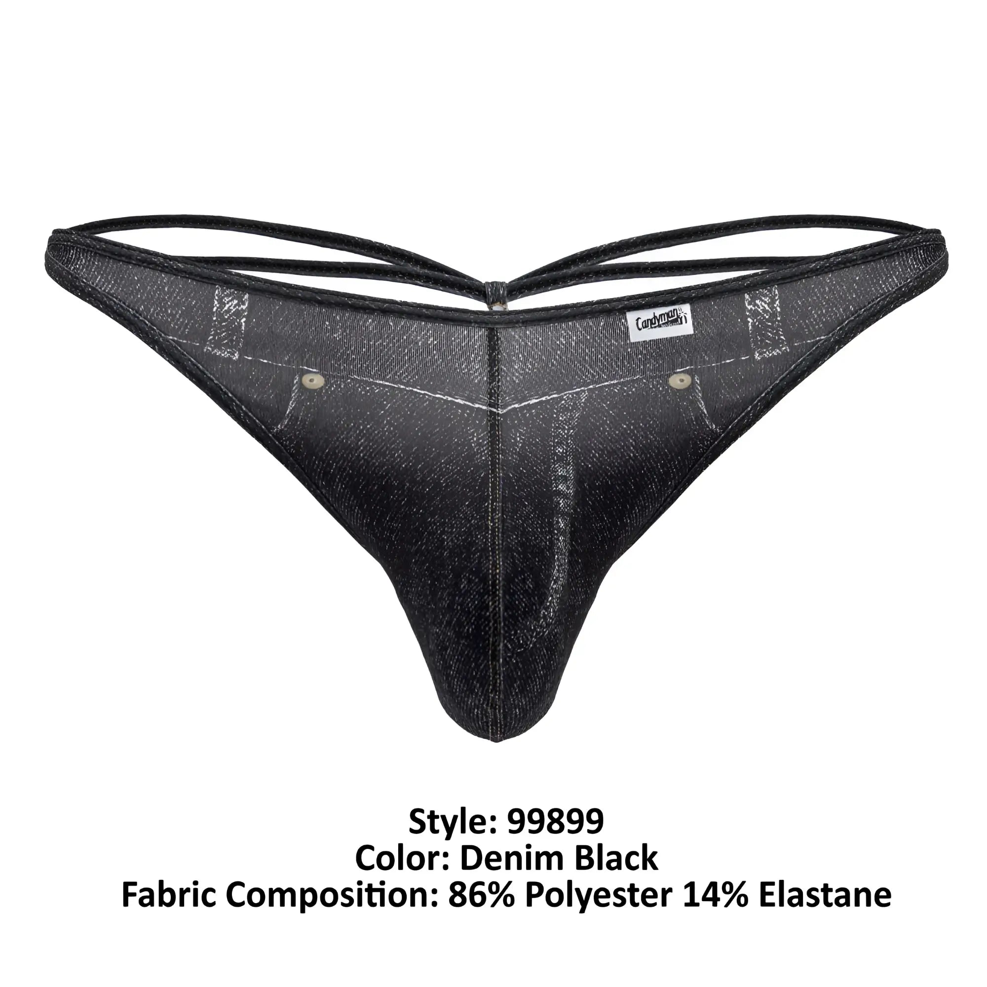 Denim black thong from Candyman 99899 cowboy thongs with textured shiny fabric and reinforced stitching details