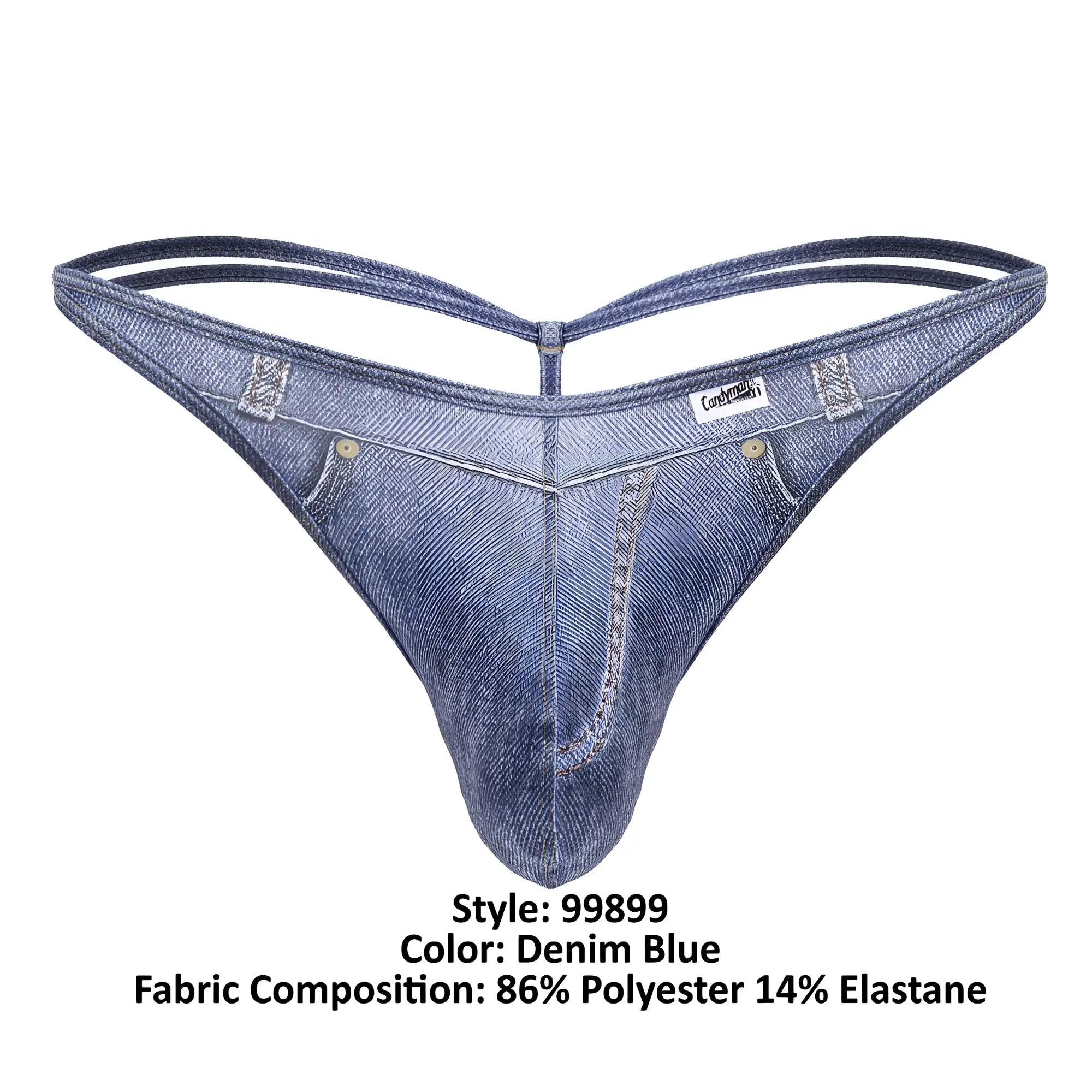CandyMan 99899 cowboy thong in denim blue with classic denim texture made of 86% polyester 14% elastane