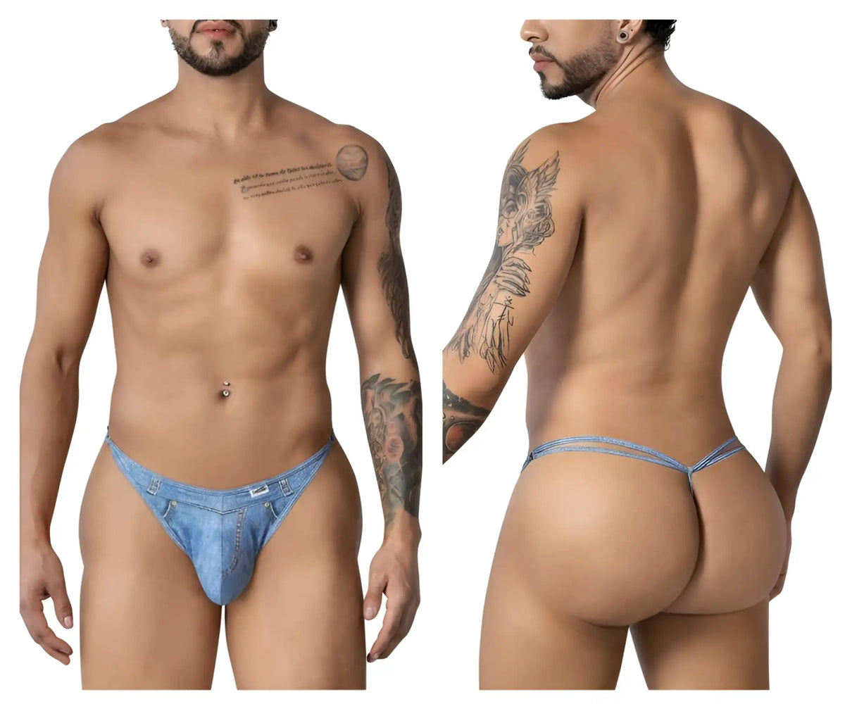 Blue denim candyMan 99899 cowboy thong with small front pocket and belt loops in denim blue material