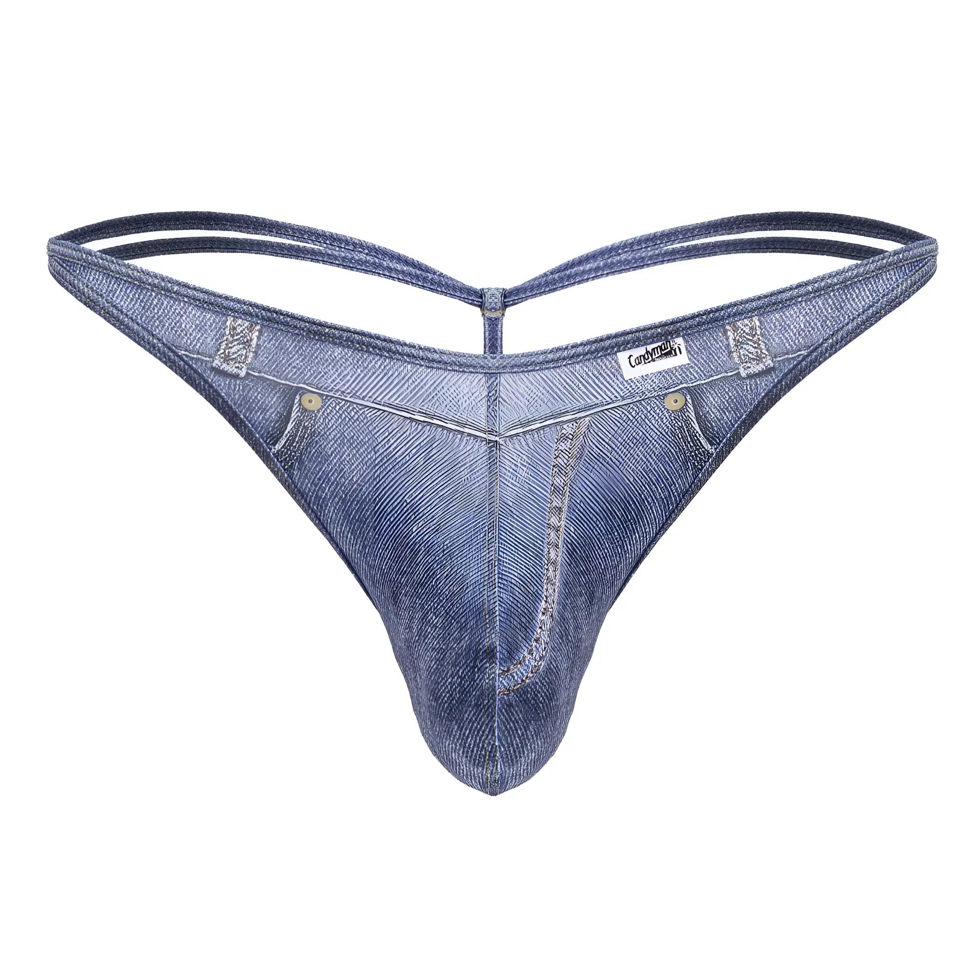 Blue denim thong candyMan 99899 cowboy thong with classic jeans design and subtle stitching details visible from front