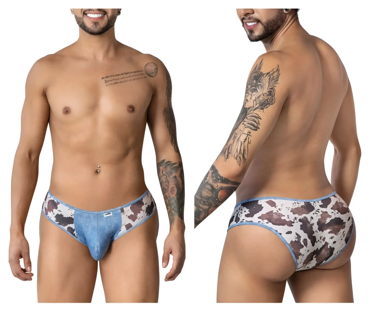 CandyMan 99900 cowboy briefs in blue denim with white and brown cow print animal pattern design