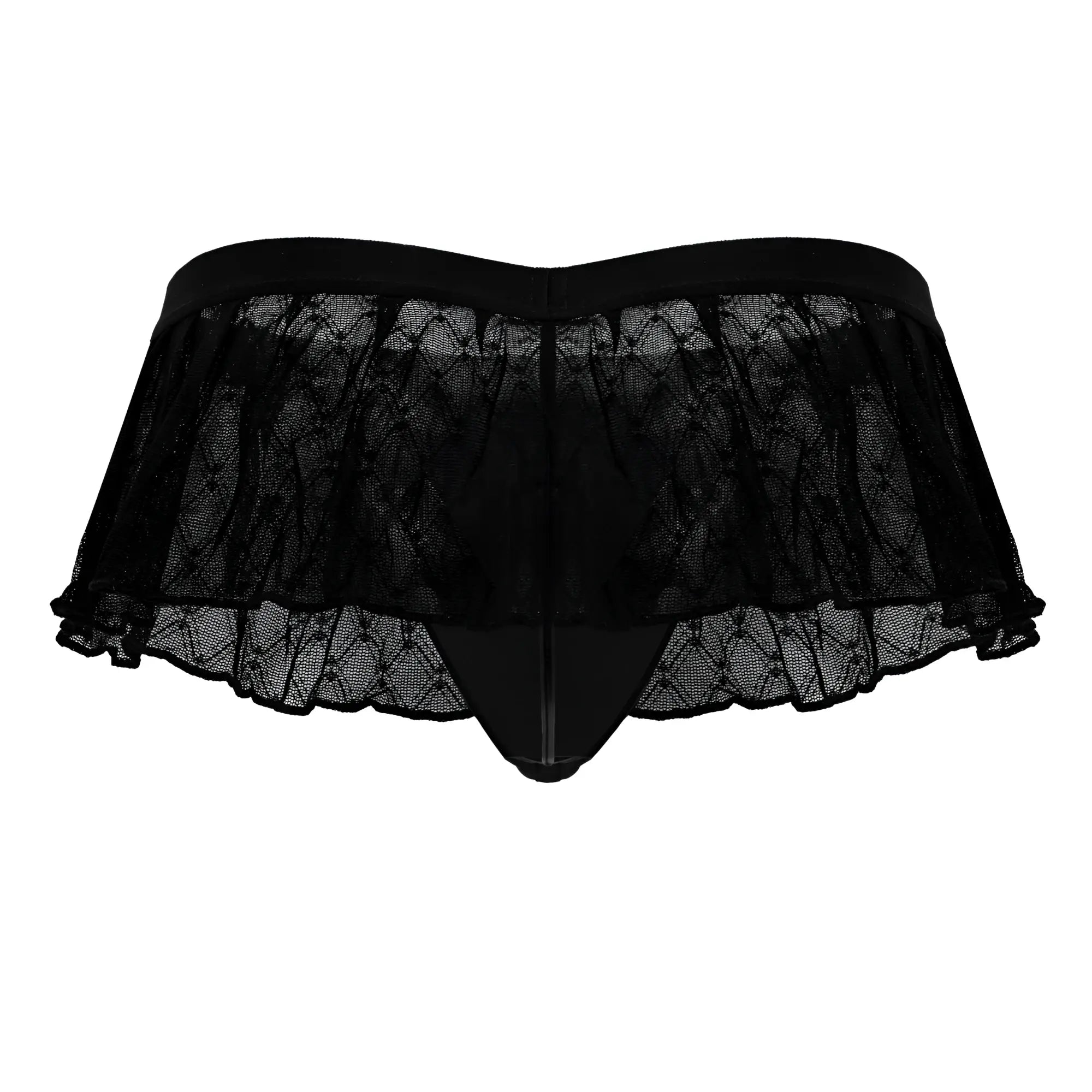 Black lace thong candyMan 99901 with ruffled sheer overlay elastic waistband in geometric mesh design