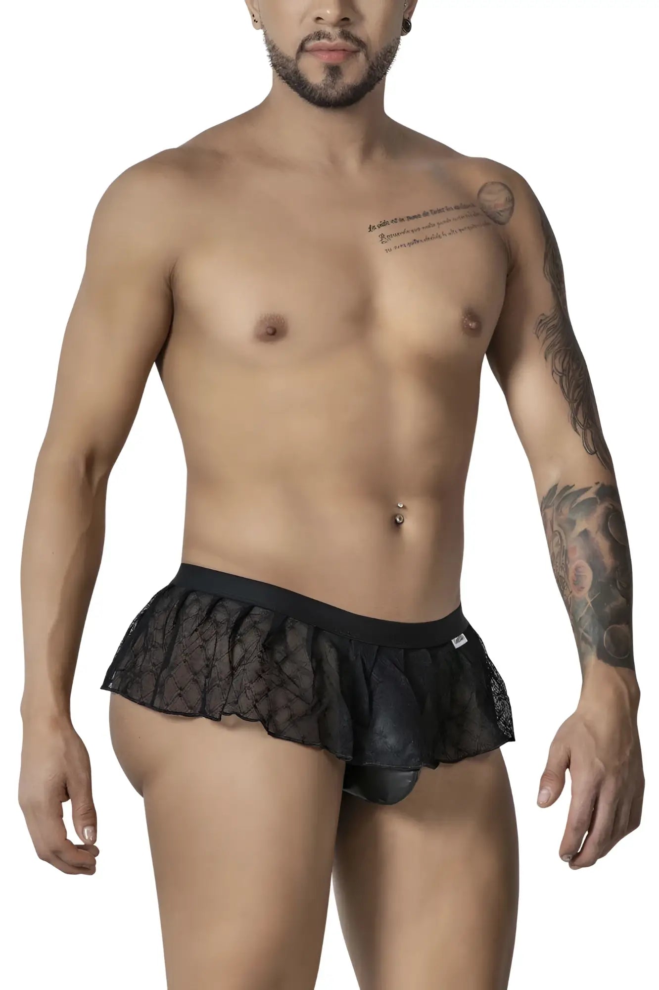 Black lace-trimmed mens thong with ruffled hem and sheer geometric mesh panel by candyman in black