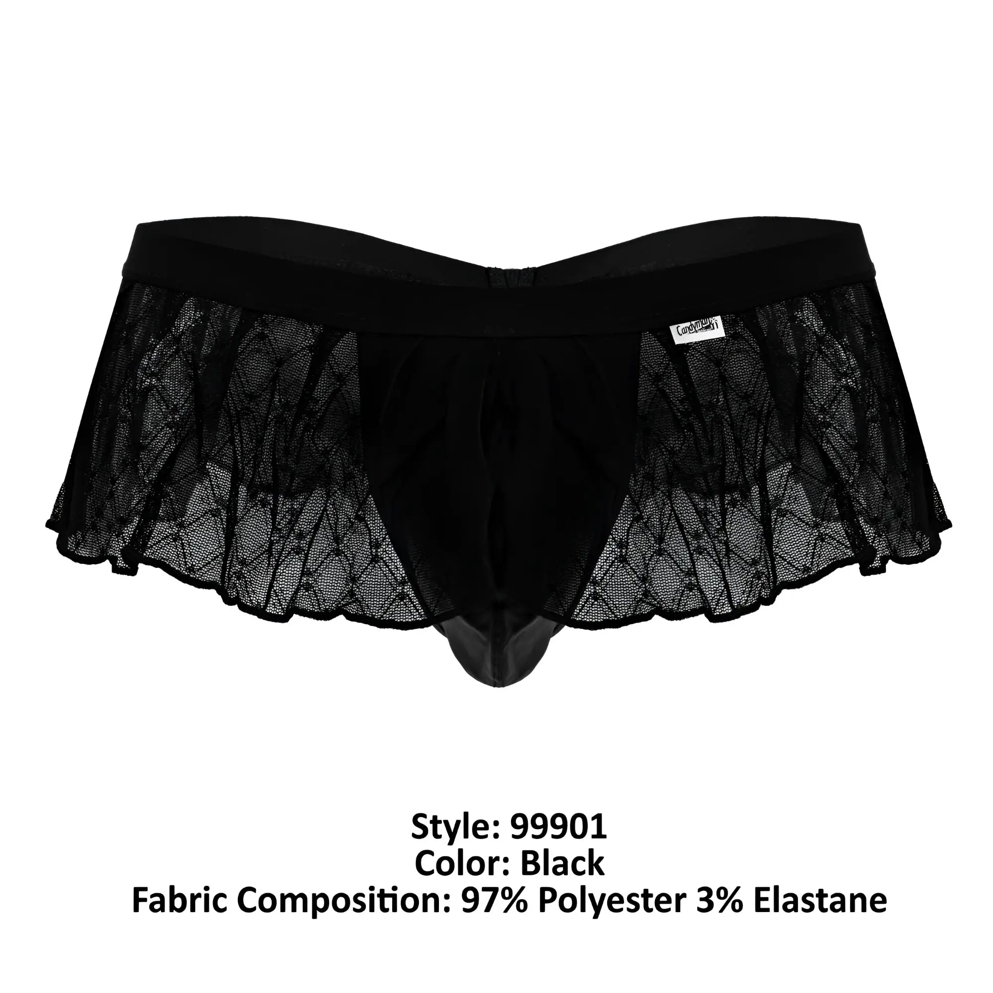 Black lace-trimmed mens thong with solid black waistband and sheer geometric mesh panels candyMan 99901 black