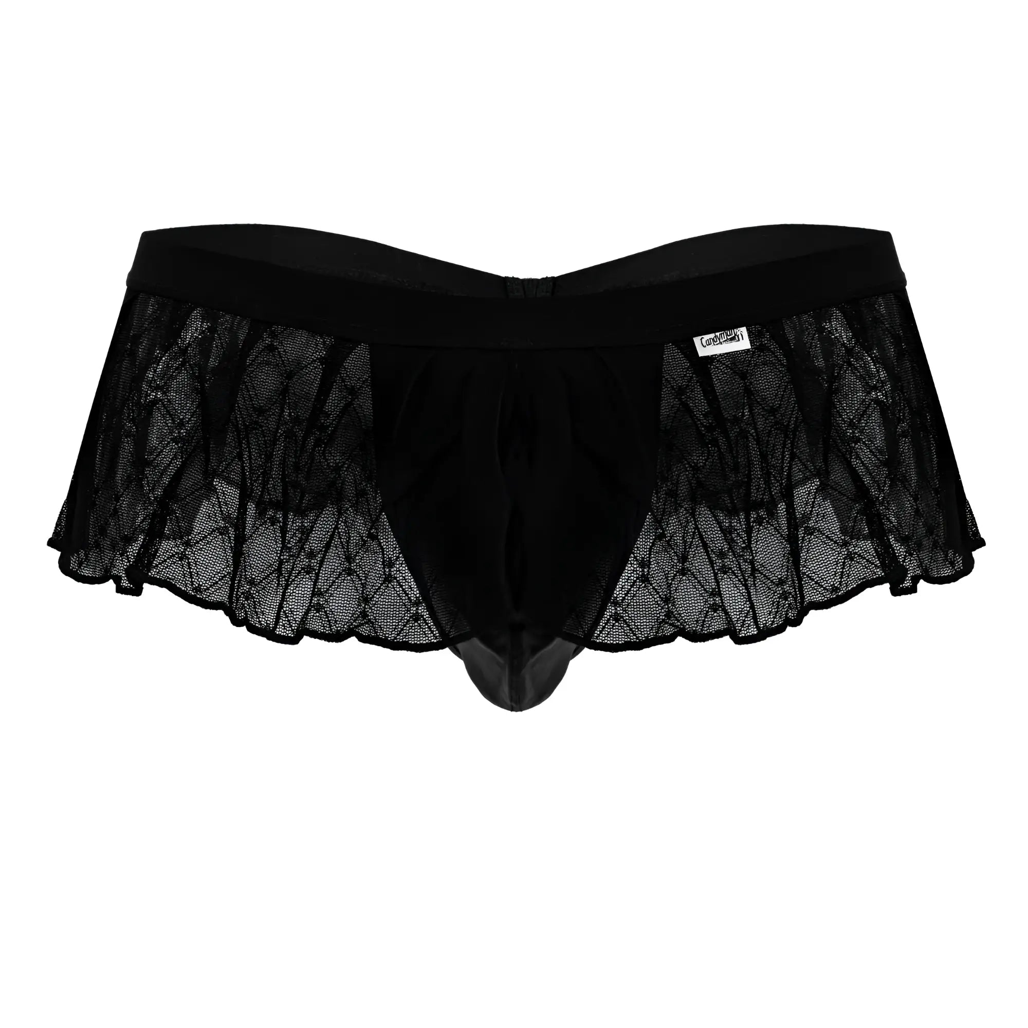 Black lace-trimmed mens thong with solid black waistband and sheer geometric mesh by candyman 99901 color black