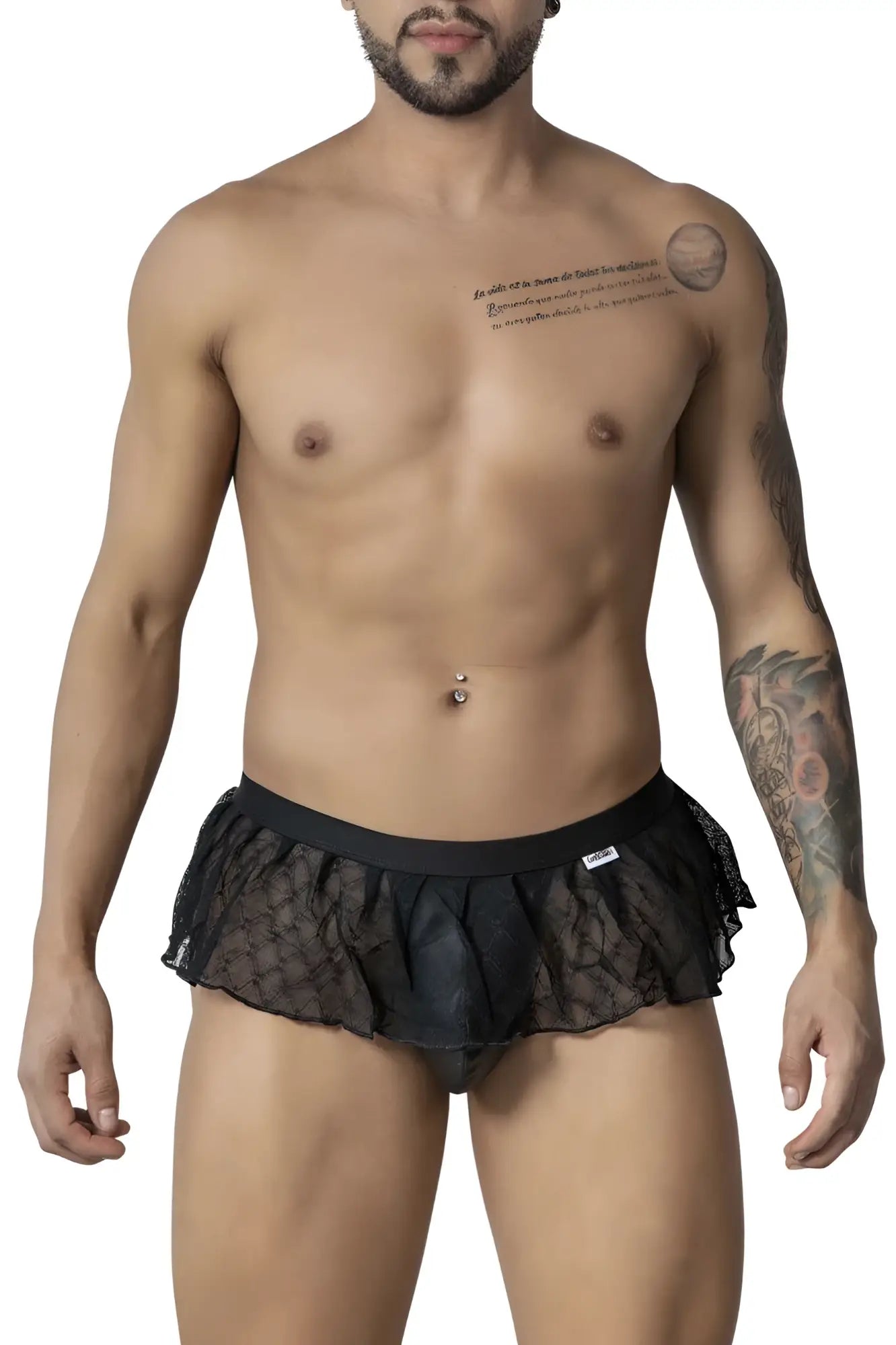 Black lace-trimmed mens underwear with ruffled hem and elastic waistband candy man 99901 geometric mesh thong in black
