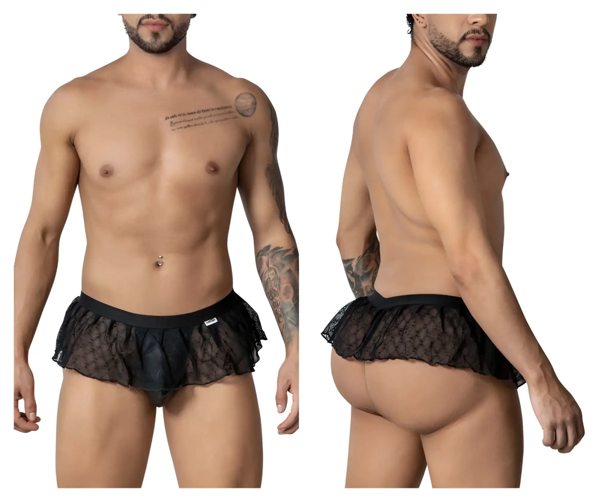 Black candyMan 99901 geometric mesh thongs with lace trim ruffled hem and elastic waistband