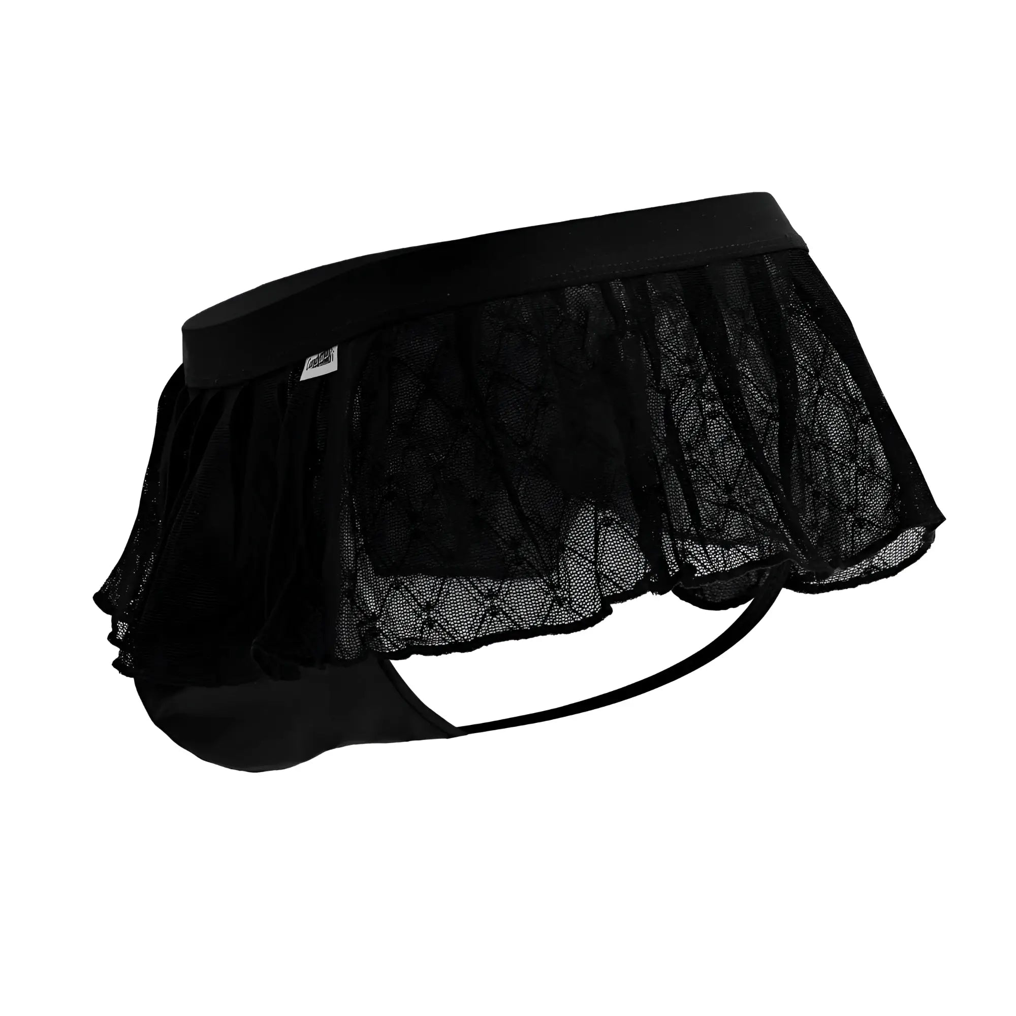 Black candyMan 99901 geometric mesh thongs with lace trim ruffled sheer overlay and elastic waistband