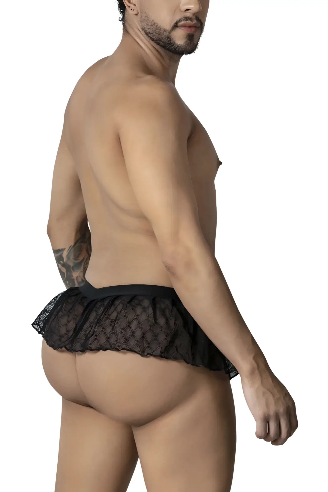Black lace CandyMan 99901 geometric mesh thong with flared ruffled hemline in black showing front side
