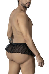 Black lace CandyMan 99901 geometric mesh thong with flared ruffled hemline in black showing front side